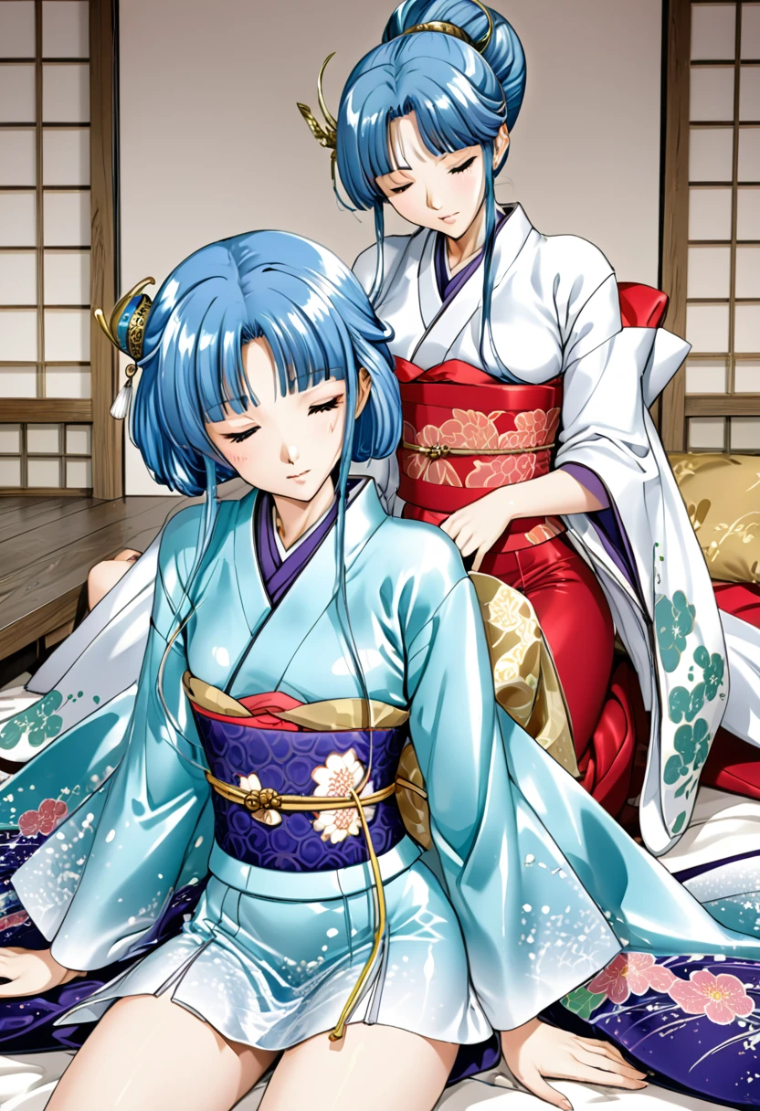 8K　Historical drama style　One beautiful girl　A beautiful 13-year-old Japanese princess from the Warring States period with short blue hair　Gorgeous embroidery, Ultra glossy, She is wearing a shiny Heian period princess kimono.　She closes her eyes and defecates on the futon.