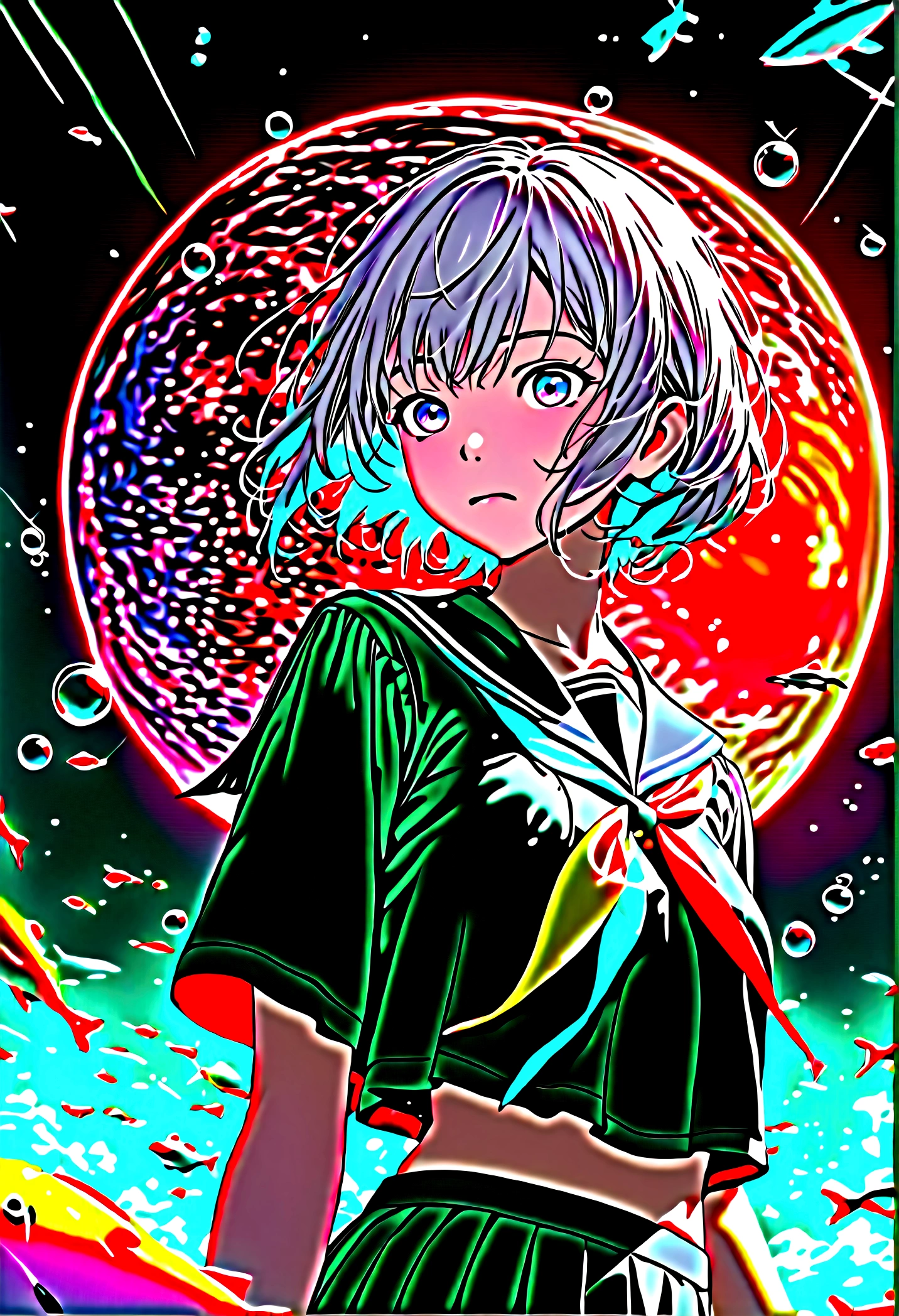 (female\(Student, age 15, JK, short hair, silver hair, by the floating, cosmic colored eyes, black sailor uniform\(From high school\), pale skin, tired face, no shine in the eyes\) is looking at the sky), (so many colorful fish swim in the air), beautiful sky, beautiful clouds, colorful summer flowers bloom here and there, (Crystalline bubbles shine like prisms here and there in the sky), the noon moon and the noon stars in the sky, female is at messy downtown, BREAK ,quality\(8k,extremely detailed CG unit wallpaper, masterpiece,high resolution,top-quality,top-quality real texture skin,hyperrealistic,increase resolution,RAW Photos,la mejor quality,Very detailed,The wallpaper,cinematic lighting,ray trace,golden ratio\),(long shot),plano general,