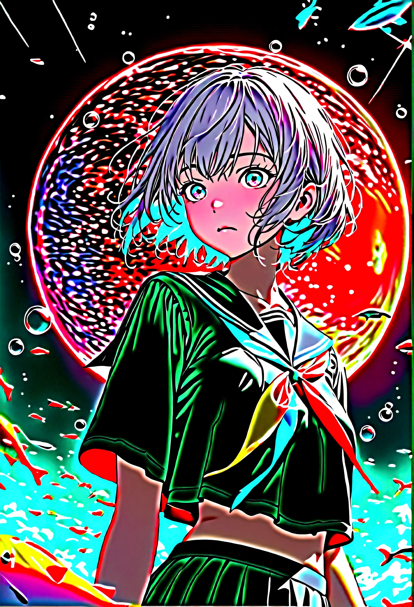 (female\(Student, age 15, JK, short hair, silver hair, by the floating, cosmic colored eyes, black sailor uniform\(From high school\), pale skin, tired face, no shine in the eyes\) is looking at the sky), (so many colorful fish swim in the air), beautiful sky, beautiful clouds, colorful summer flowers bloom here and there, (Crystalline bubbles shine like prisms here and there in the sky), the noon moon and the noon stars in the sky, female is at messy downtown, BREAK ,quality\(8k,extremely detailed CG unit wallpaper, masterpiece,high resolution,top-quality,top-quality real texture skin,hyperrealistic,increase resolution,RAW Photos,la mejor quality,Very detailed,The wallpaper,cinematic lighting,ray trace,golden ratio\),(long shot),plano general,