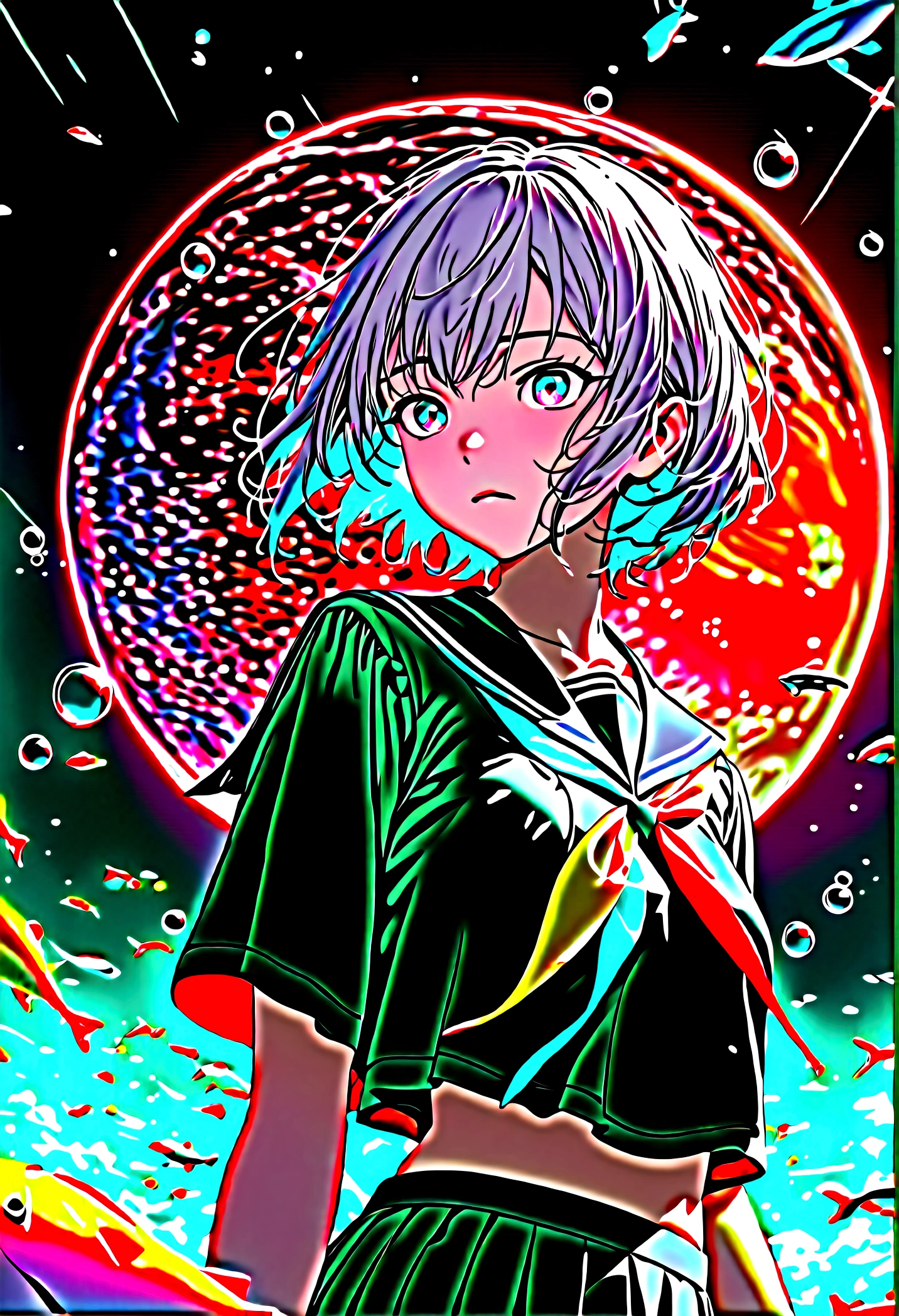 (female\(Student, age 15, JK, short hair, silver hair, by the floating, cosmic colored eyes, black sailor uniform\(From high school\), pale skin, tired face, no shine in the eyes\) is looking at the sky), (so many colorful fish swim in the air), beautiful sky, beautiful clouds, colorful summer flowers bloom here and there, (Crystalline bubbles shine like prisms here and there in the sky), the noon moon and the noon stars in the sky, female is at messy downtown, BREAK ,quality\(8k,extremely detailed CG unit wallpaper, masterpiece,high resolution,top-quality,top-quality real texture skin,hyperrealistic,increase resolution,RAW Photos,la mejor quality,Very detailed,The wallpaper,cinematic lighting,ray trace,golden ratio\),(long shot),plano general,