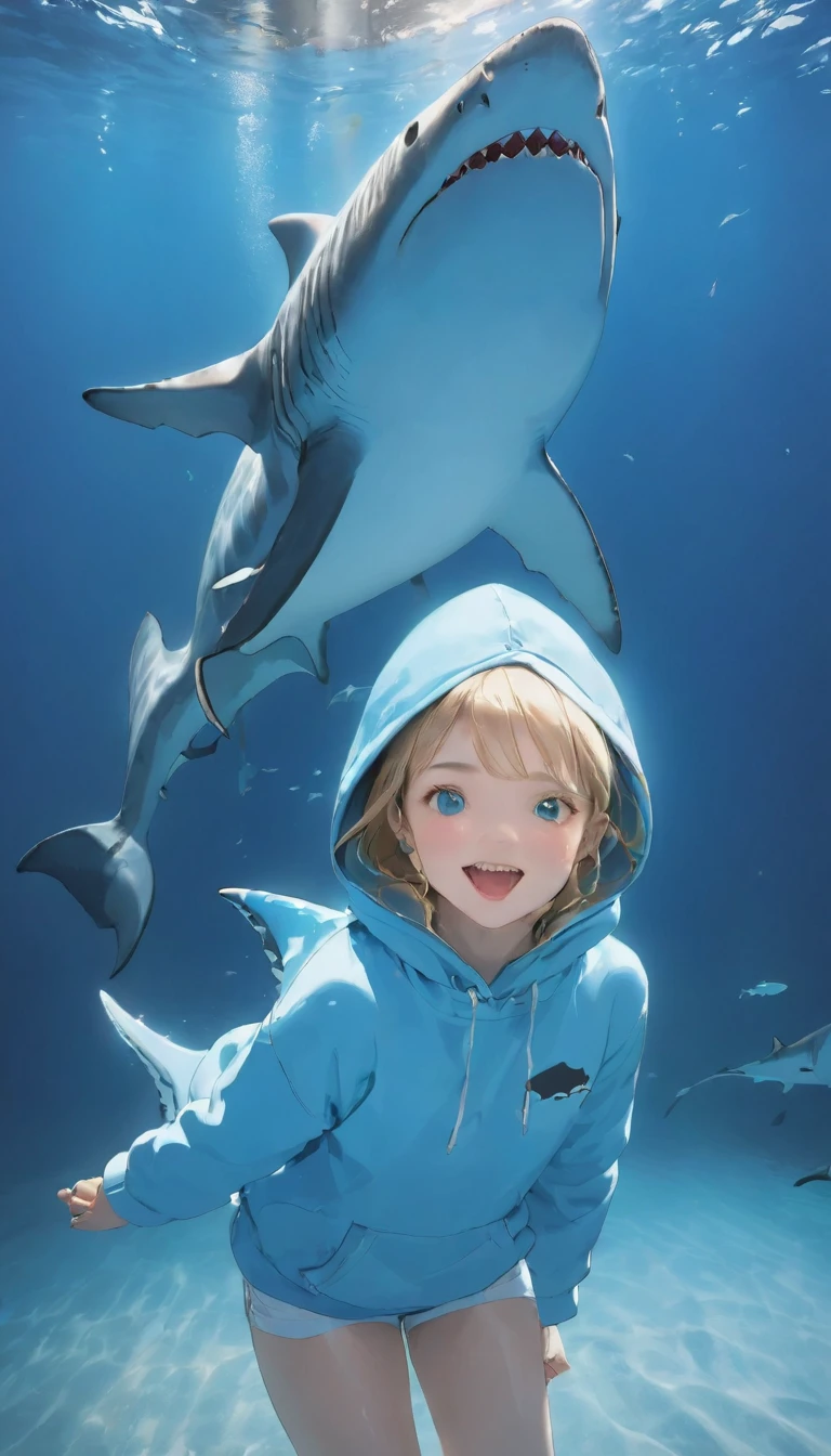 Highest quality、masterpiece:1.3、Perfect Anatomy、One Girl、Shark-chan、かわいいShark-chan、Shark-themed hoodie、Shark teeth on the hood、Wearing a hood、Light Blue Hoodie、Girl with open mouth、Sharp teeth、Shark themed hoodie、Light blue culottes、Random pose、break、水槽で泳ぐShark-chan、aquarium、Large aquarium、美ら海aquarium、Highly detailed whale shark、A whale shark swimming gracefully in the tank、暗いaquarium、Low light、