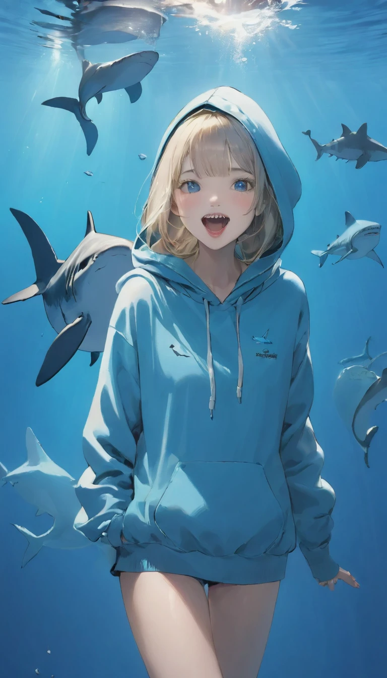 Highest quality、masterpiece:1.3、Perfect Anatomy、One Girl、Shark-chan、かわいいShark-chan、Shark-themed hoodie、Shark teeth on the hood、Wearing a hood、Light Blue Hoodie、Girl with open mouth、Sharp teeth、Shark themed hoodie、Light blue culottes、Random pose、break、水槽で泳ぐShark-chan、aquarium、Large aquarium、美ら海aquarium、Highly detailed whale shark、A whale shark swimming gracefully in the tank、暗いaquarium、Low light、