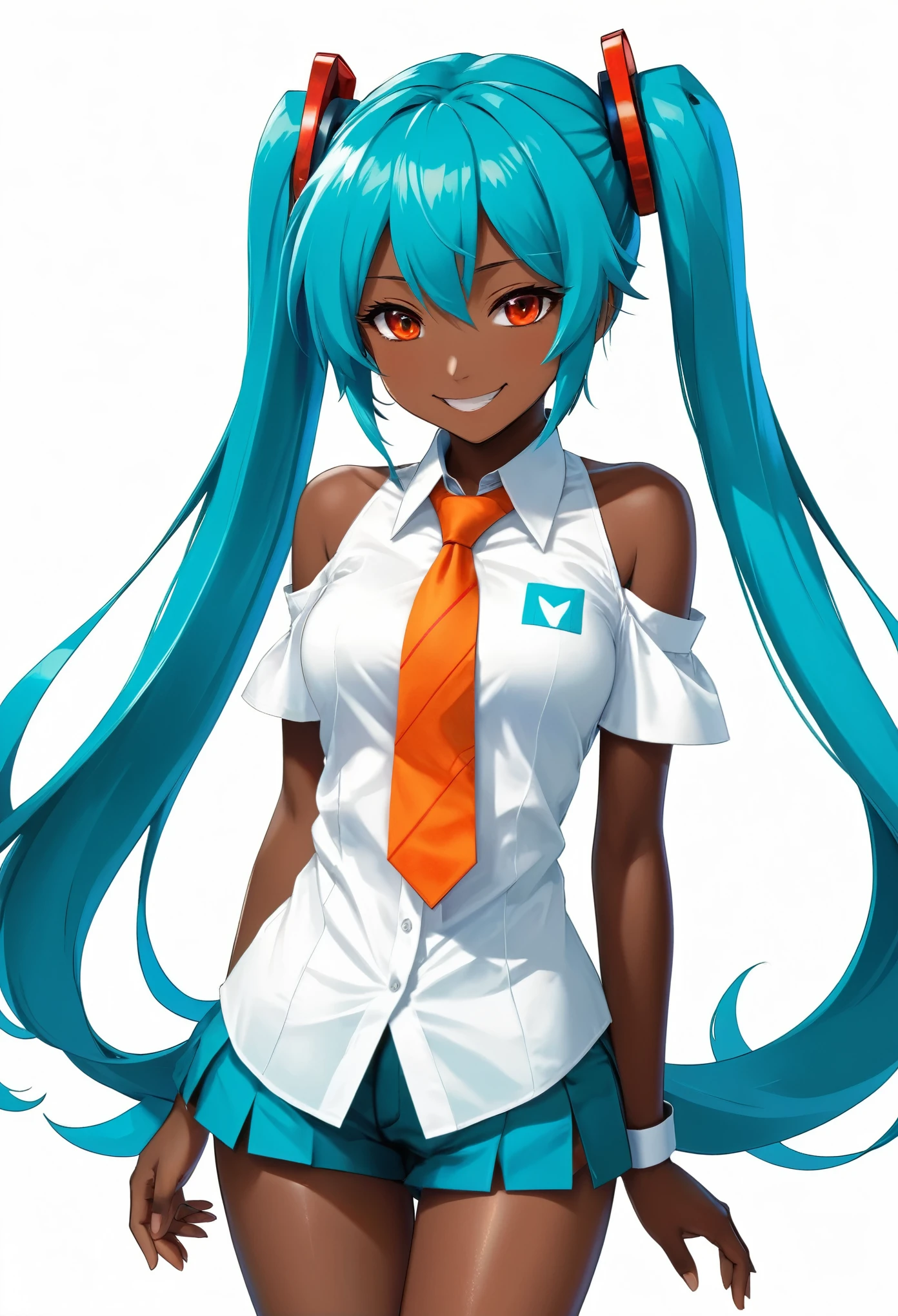 masterpiece, Hatsune Miku, White shirt, Blue tie, Bare shoulders, Separate sleeves, Smiley face, Dark Skin, Red Eyes, black eyes, Pupils orange,