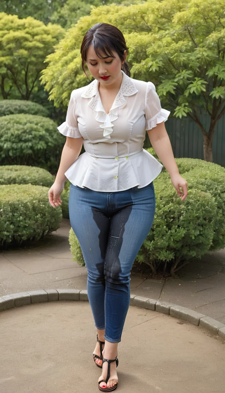 1woman,fullbody,(masterpiece:1.5),photo-realistic,16k,(beautiful 40s japanese plump lady:1.4),(crowded playground,bushes:1.6),(frilled blouse:1.5),(jeans:1.3),(sandals:1.5),(handing on wetting crotch with both hands:1.4),(whimpering:1.6),(panicking:1.6),(crying:1.6),(wetting:1.7),(dripping pee:1.4),brown straight medium hair,black eyes,makeup,lipstick,eyeliner,mascara,eyeshadow