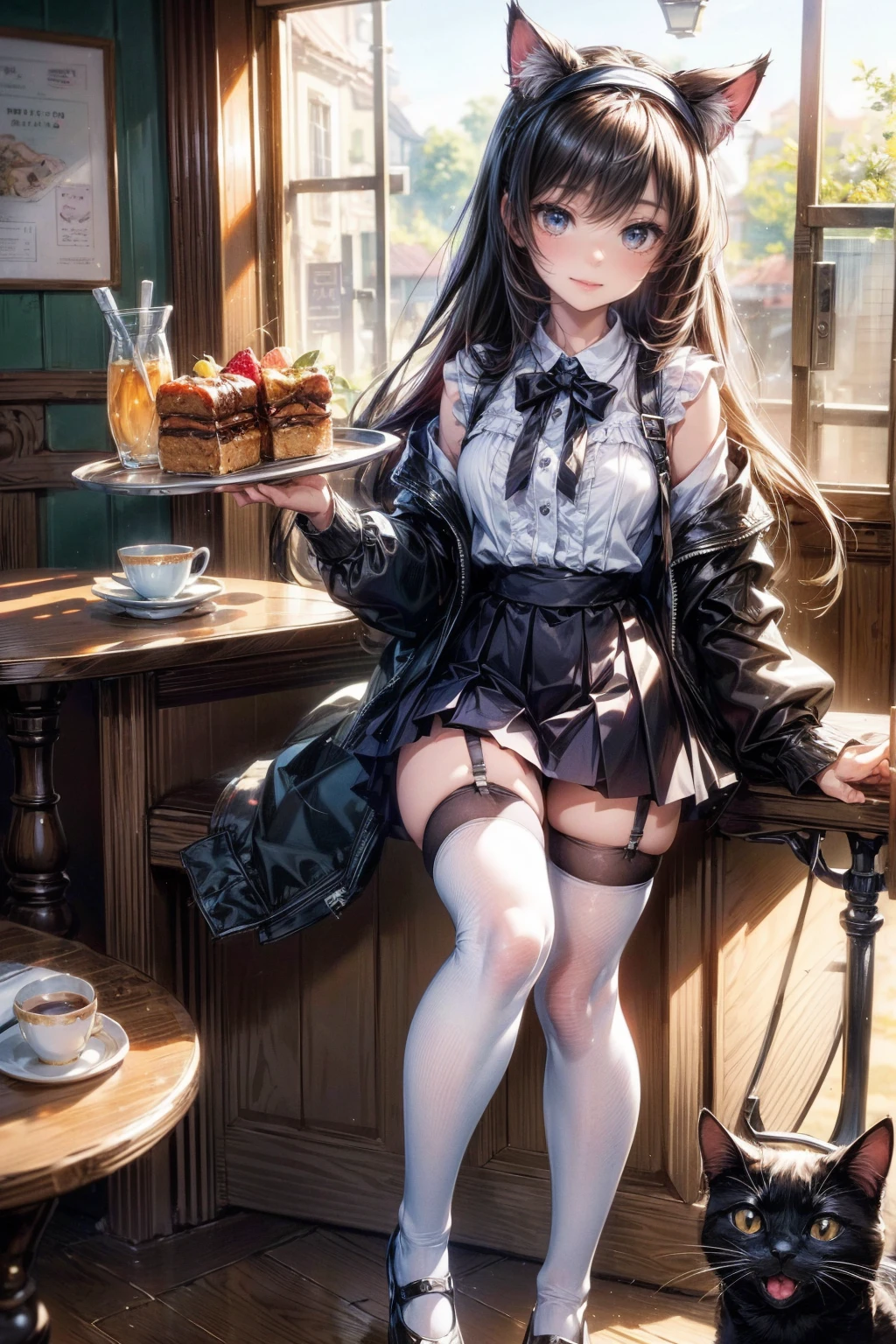 NSFW、One Girl、(20-year-old woman)、Cat ears headband、Cat tail、Black-toned lingerie、Holding a tray with two parfaits on it in one hand、With the other hand, lift your skirt to show your underwear、Short skirt、I can see your pants、White knee-high socks、Striped pants、Highest quality、8K、Beautiful Face、Mischievous smile、Wink to the viewer、View Viewer、A bright cafe with a black cat