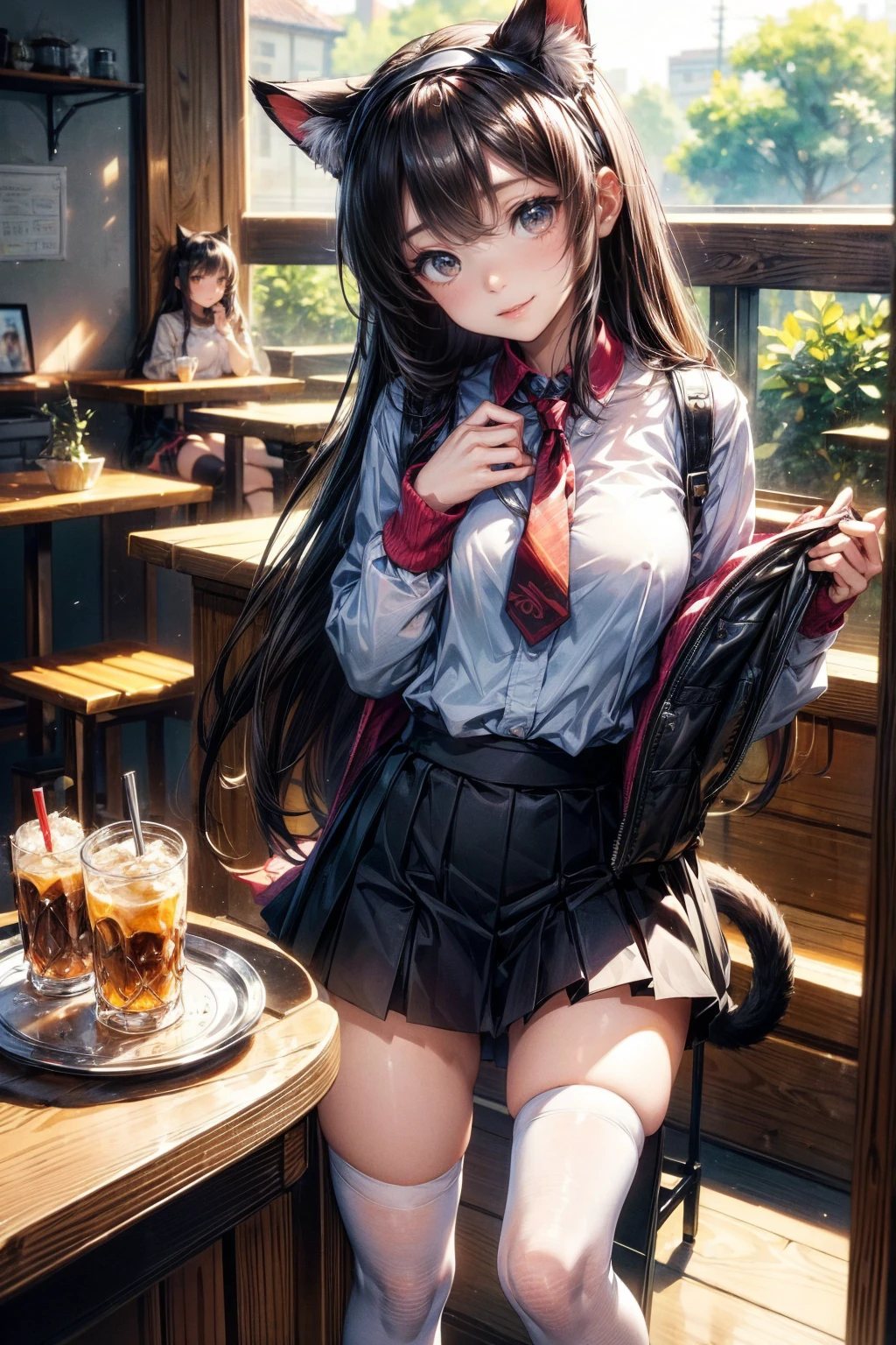 NSFW、One Girl、(20-year-old woman)、Cat ears headband、Cat tail、Black-toned lingerie、Holding a tray with two parfaits on it in one hand、With the other hand, lift your skirt to show your underwear、Short skirt、I can see your pants、White knee-high socks、Striped pants、Highest quality、8K、Beautiful Face、Mischievous smile、Wink to the viewer、View Viewer、A bright cafe with a black cat
