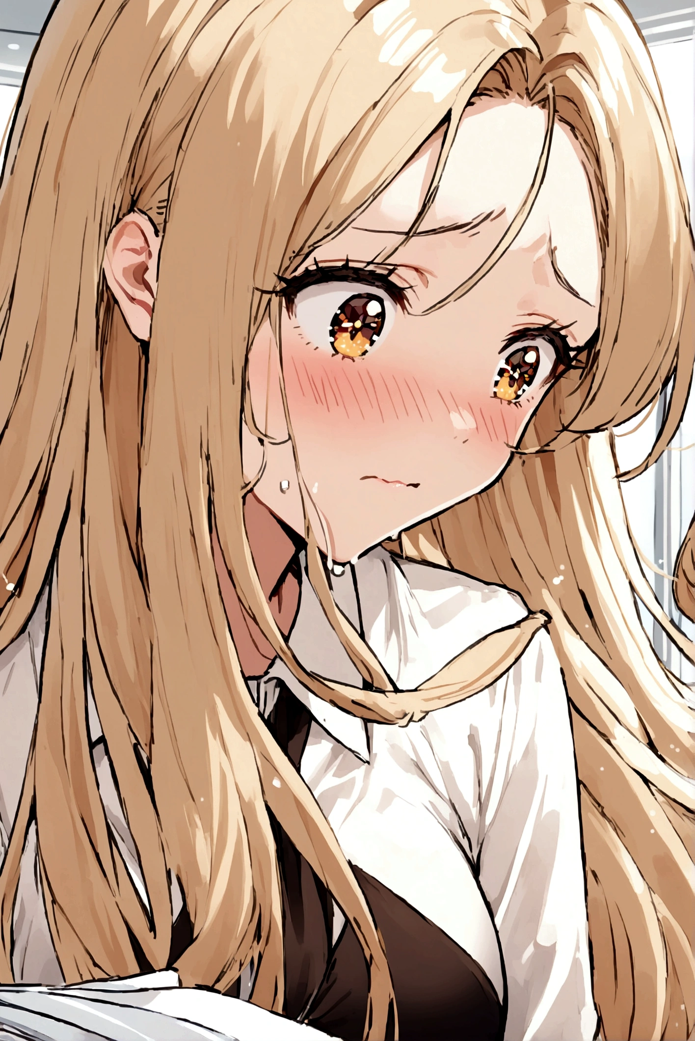 Close-up, office, woman, pretty style, long hair, falling dynamically, spilling documents, clumsy, panicked, embarrassed, sexy, glamorous, eyes sparkling beautifully