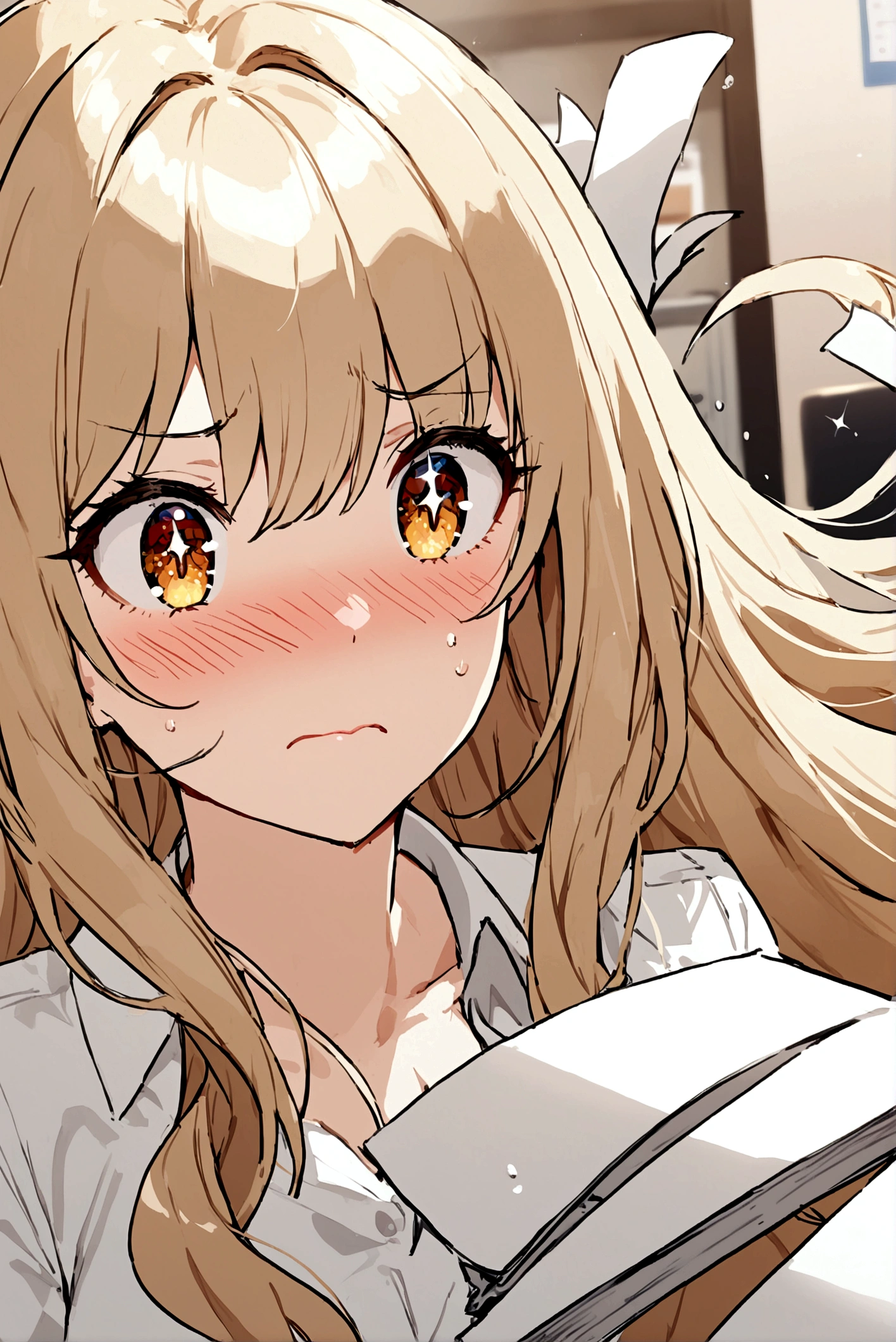 Close-up, office, woman, pretty style, long hair, falling dynamically, spilling documents, clumsy, panicked, embarrassed, sexy, glamorous, eyes sparkling beautifully