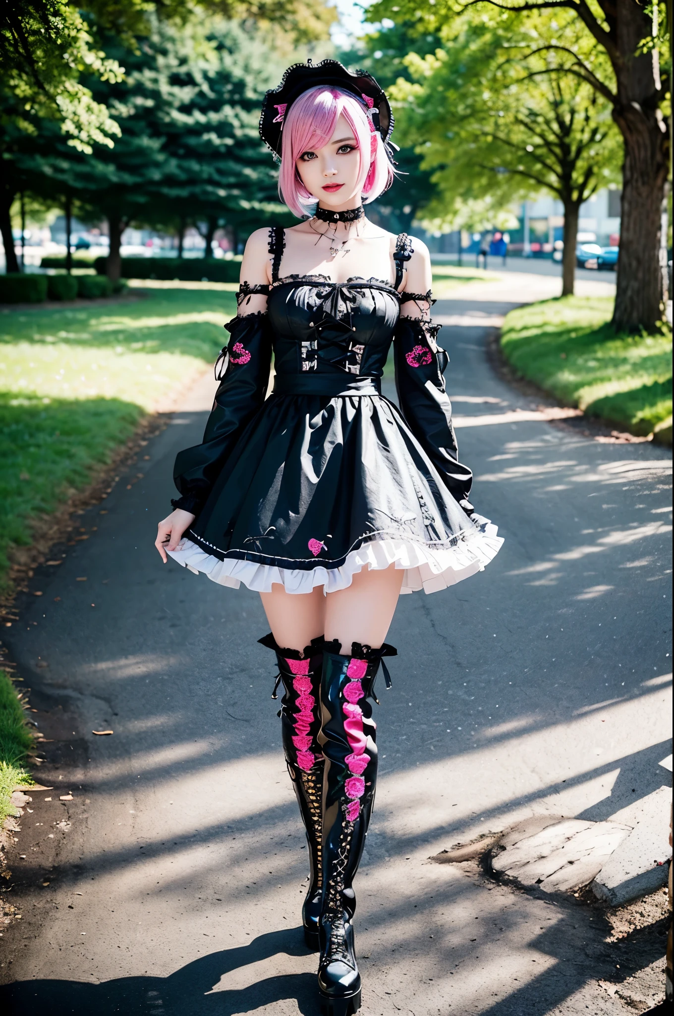 sexy stylish Swedish model, only 1 female, ((doll-like appearance)), short neon pink stylish hair, ((shiny Punk-Style boots)), (beautiful smile), ultra detailed eyes, long lashes, metallic makeup, lip-gloss, ((sexy Punk Lolita cosplay)), unconventional skirt, petticoats, high neckline, ((ultra detailed lace)), ((ultra detailed embroidery)), intricate details, tartan patterns, Punk Lolita accessoires, Punk Lolita choker, ((large sparkling Punk Lolita jewelry)), cinematic light, detailed large park background with trees