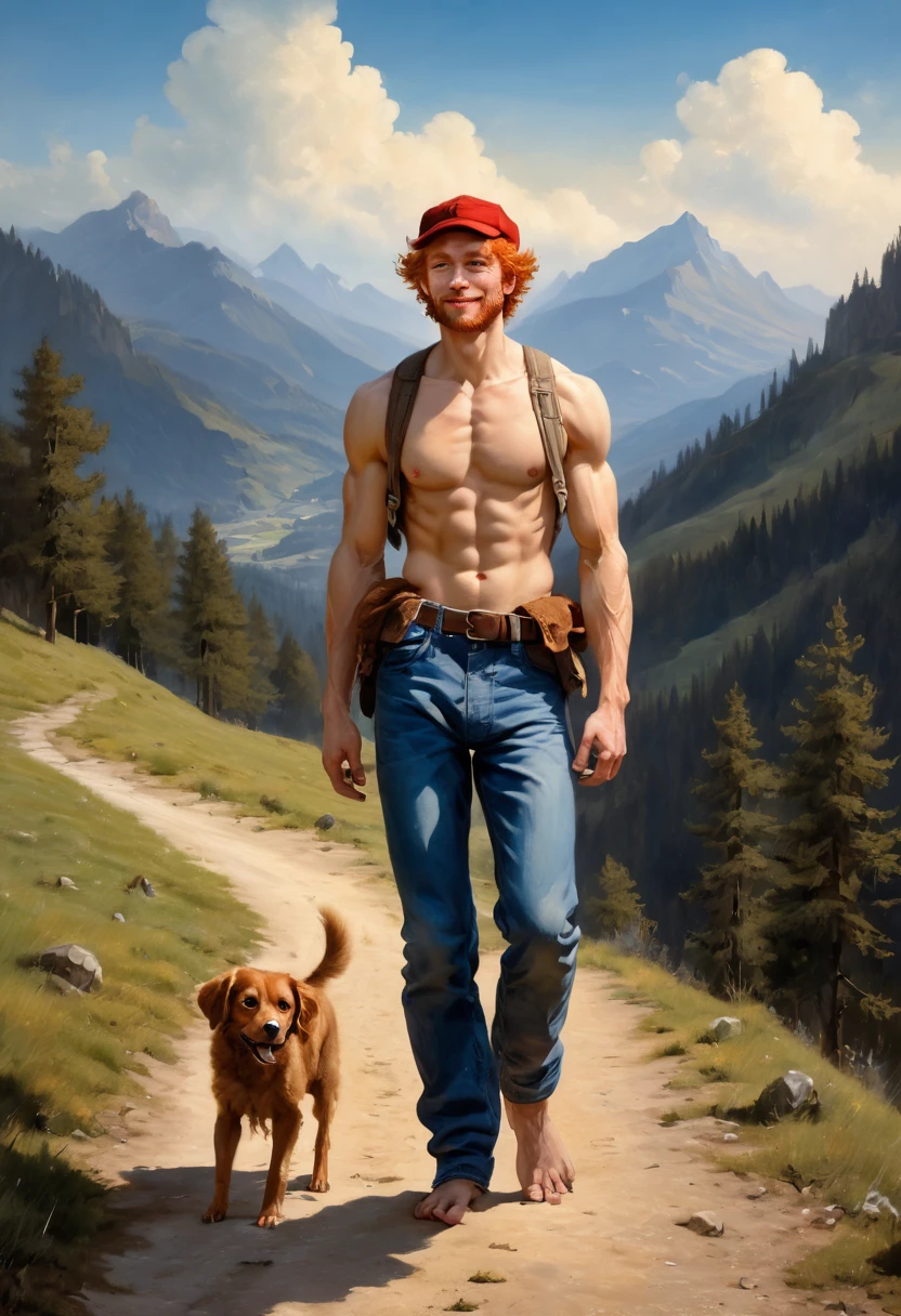 1 man walking on a mountain rural pathway wearing lumberjack shirt, blue jeans, brown bots, blue indigo back bag, blue cap, smiling , by Aaron Horkey and Jeremy Mann, masterpiece, best quality, Photorealistic, ultra-high resolution, photographic light, illustration by MSchiffer, fairytale, Hyper detailed A mixture of photography and painting, Composition of Perfect Divine Proportione, 8k resolution fullbody image,(( view from the front)) full body, oil painting A young man, white skin, ginger, barbed, hairy body, thin face, straight nose, thin lips, square chin, large light blue eyes, short red wavy hair, in roberto ferri style, aesthetic slim athletic body, ginger realistic skin, gorgeous, detailed tonned muscles, barefoot, perfect anatomy, muscled fitness body, in caravagio+rubens+rembrant art style. Young man, perfect anatomy, , energetic splendid, Barefoot, naked, small flacid penis, slim and detailed muscles, shirtless, pantless, fullbody, the composition of shadows and lights give an atmosphere of spaciousness, he is walking on a mountain rural pathway wearing lumberjack shirt, blue jeans, brown bots, blue indigo back bag, blue cap, smiling natural lighting, in the backgrund, moutains, clouds, sunrice a small brown dog