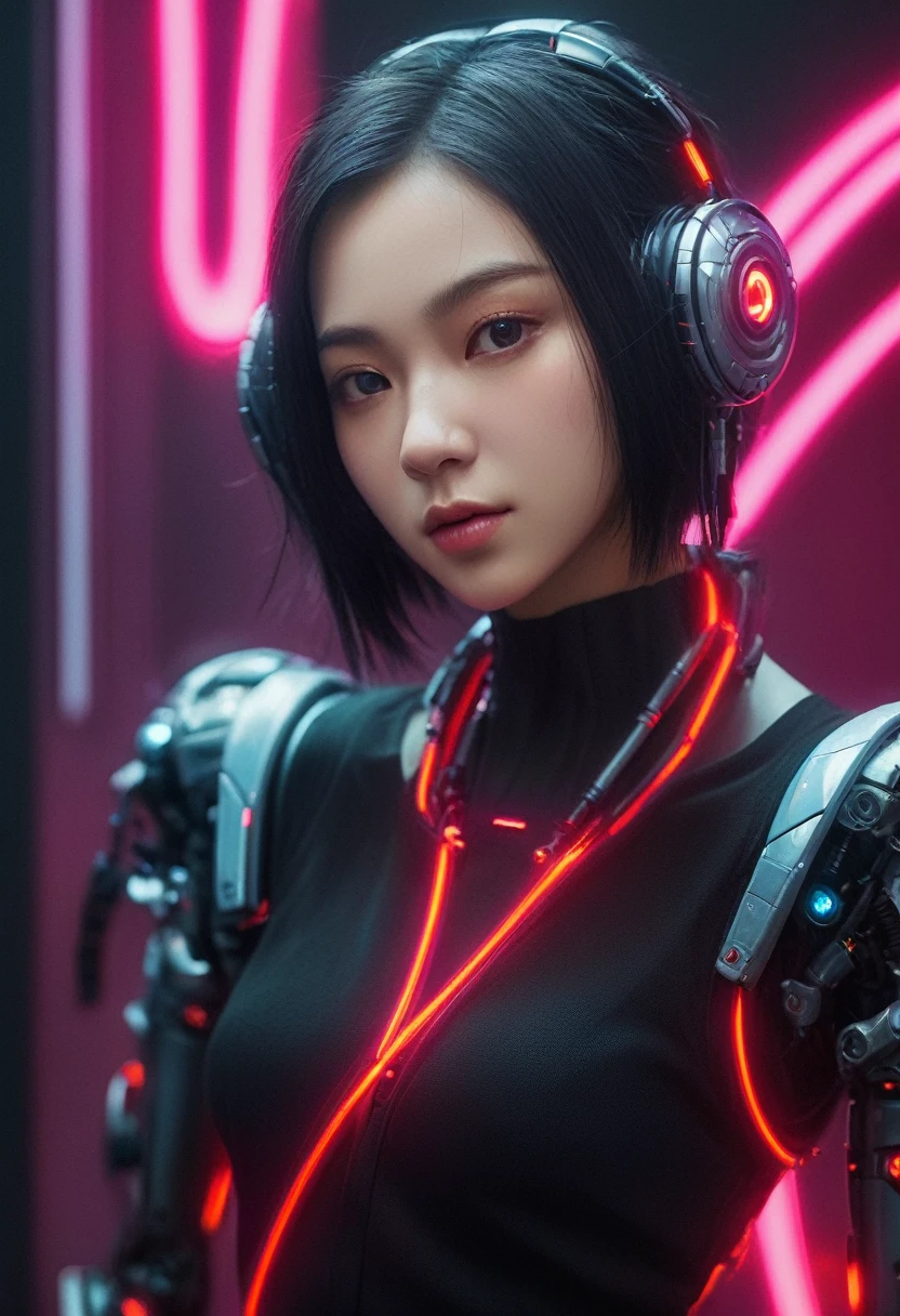 xxmixgirl. Highly detailed professional 35mm film, bokeh, face in sharp focus. A robotic female, Miku, with ((metal skin)), ((perfect Asian eyes)) with magenta irises and ((black pupils)), beautiful serious (detailed face), 18 year old ((photorealistic face)), very long magenta twin tails of magenta hair, twin black hair ties with a single red stripe. She may have a black audio headpiece. We can see her ((full body)) down to her boot soles. Her outfit is a sleeveless collared light grey shirt, outlined in red around the frilled collar and hems. Shiny reflective ((metallic breast cups, dimpleless)), invisible nipples. She wears black sleeves with red hems that start around her upper arm and bellow out as the sleeves open and extend to her wrists, with wide trumpet red rimmed cuffs. She has perfect robotic (detailed hands). She wears a red colored tie with two horizontal solid parallel black lines halfway across. She wears a fabric black skirt with a horizontal red hem at the bottom all the way around; her (((black skirt wraps around her))) and ((her skirt completely covers)) her robotic waist and thighs. Tall black boots with red bottom soles, a red rim around the top at her thighs. Her mechanical shoulder joints are visible. We can see her robotic legs and robotic neck. Half of her is covered with shiny polished machinery. The background is a distant dark neon futuristic Japanese city, gold, cyan, violet neon, near harbor or mountains.