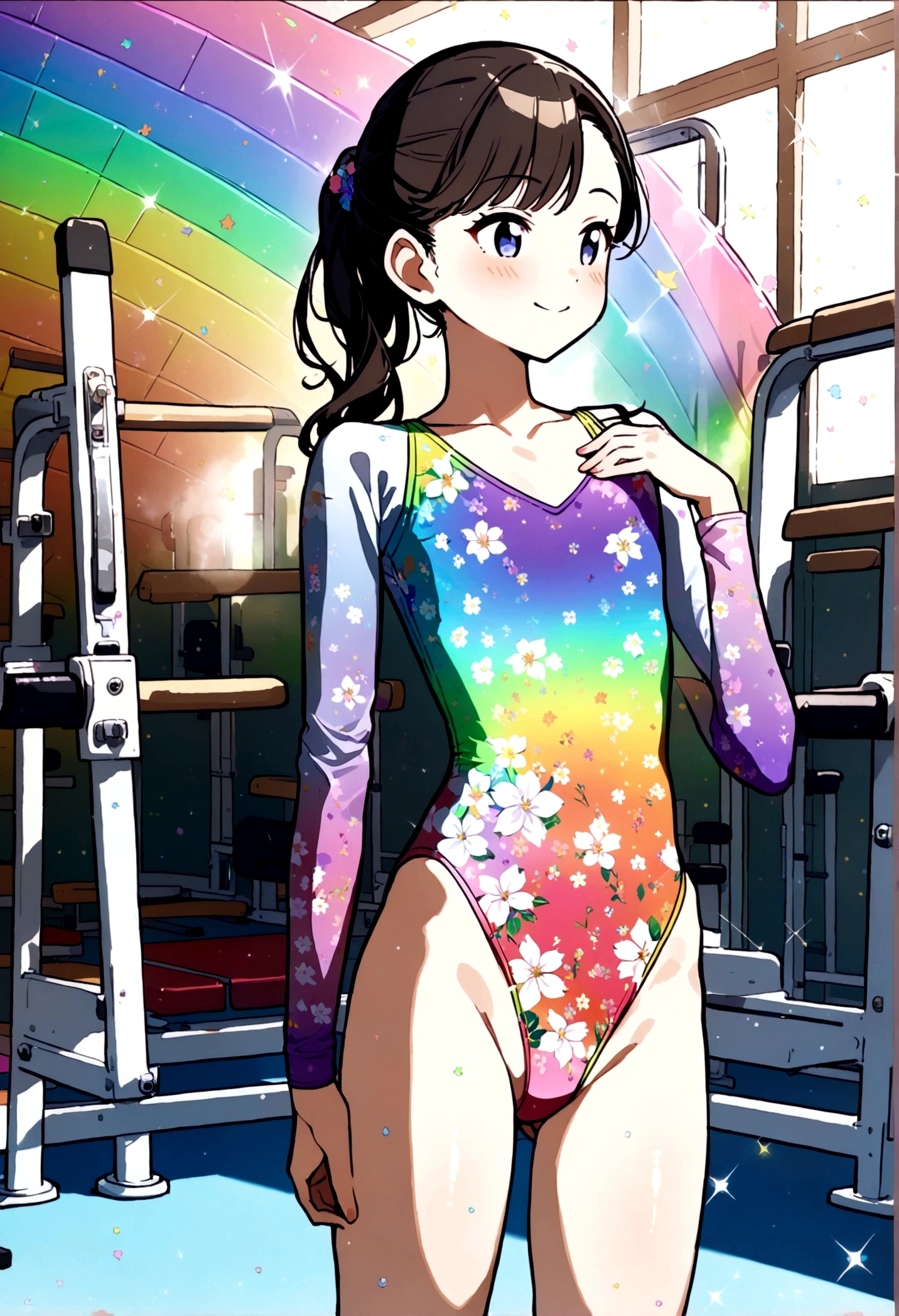 expensivequality illustration, masterpiece, Very delicate and beautiful, Attractive girl,(Gymnastics leotard, Floral print leotard,Long sleeve leotard with glittery embellishments,expensive_Leg leotard,athletic leotard,tight-fitting leotard,Rainbow gradient leotard),thin,Slender body,slim,expensive school,Gymnasium background,Gymnastics Club,Gymnast,Princess, Beautiful Eyes,A light smile,(masterpiece, Highest quality:1.2), expensiveres, 非常に詳細な CG ユニティ 8K 壁紙, Perfect lighting, colorful, ultra-expensive res,4K,Super detailed, photograph, 8K, High resolution, ,