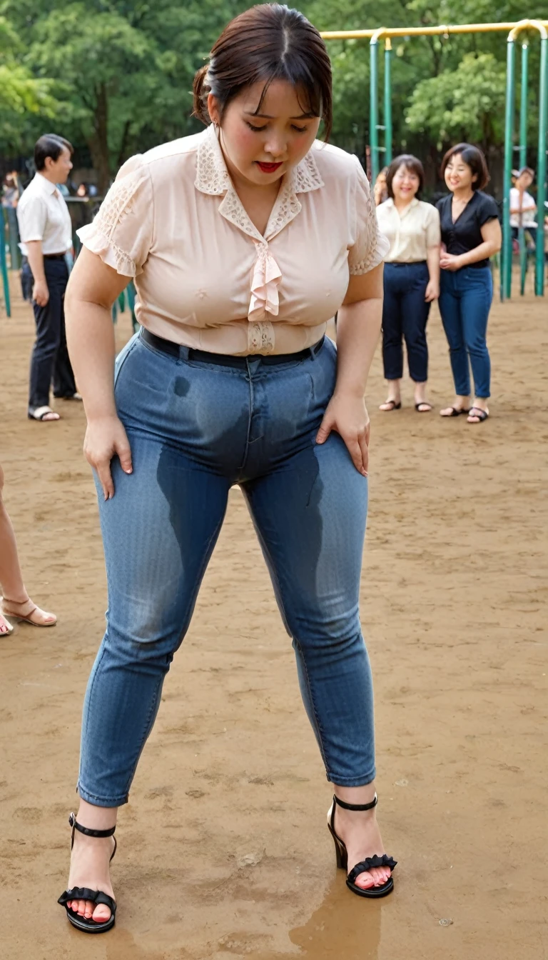 1woman,2kids,fullbody,(masterpiece:1.5),photo-realistic,16k,(beautiful 40s japanese plump lady:1.4),(crowded playground:1.6),(frilled blouse:1.5),(jeans:1.3),(sandals:1.5),(handing on wetting crotch with both hands:1.4),(whimpering:1.6),(panicking:1.6),(crying:1.6),(wetting:1.7),(dripping pee:1.4),brown straight medium hair,black eyes,makeup,lipstick,eyeliner,mascara,eyeshadow