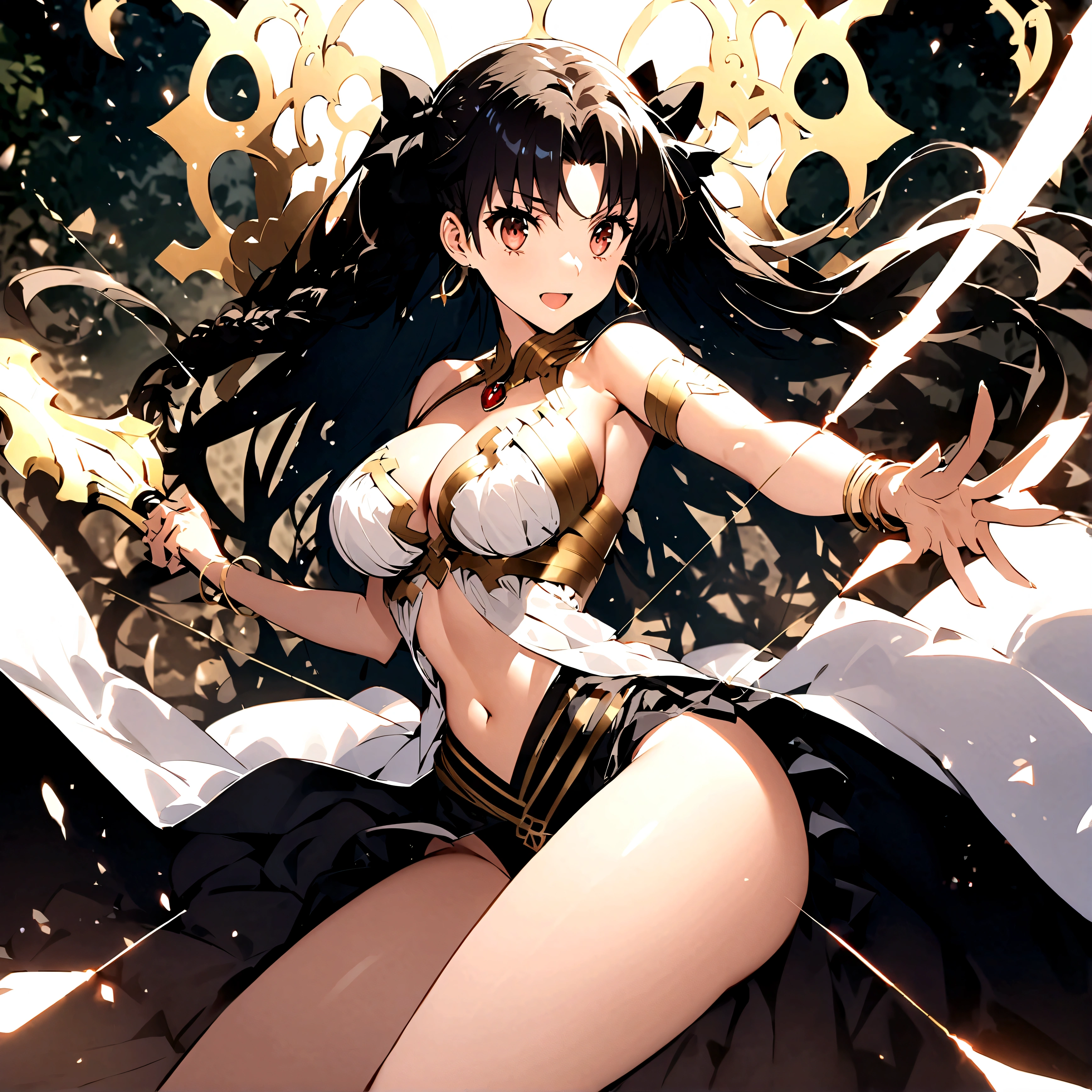 score_9、score_8_up、score_7_up、One girl、solo、Large Breasts、Thighs、Narrow waist、Mature Woman、、Braid、gem、Bracelet、、、skirt、Shooter、Curved Bow、arrow、Have a weapon、Ishtar with a bow/(Fate Grand Order/)