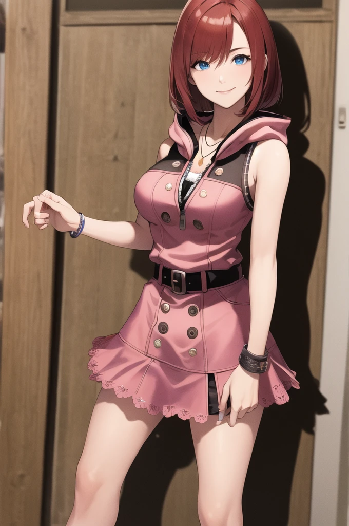 masterpiece, Highest quality, High resolution, CCKAIRI is, Medium Hair, necklace, Bare shoulders, hoodie, button, No sleeve, bracelet, Belt Buckle, Black belt, Pink Skirt, Are standing, Cowboy Shot, town, street, smile　Big Breasts　Puff puff