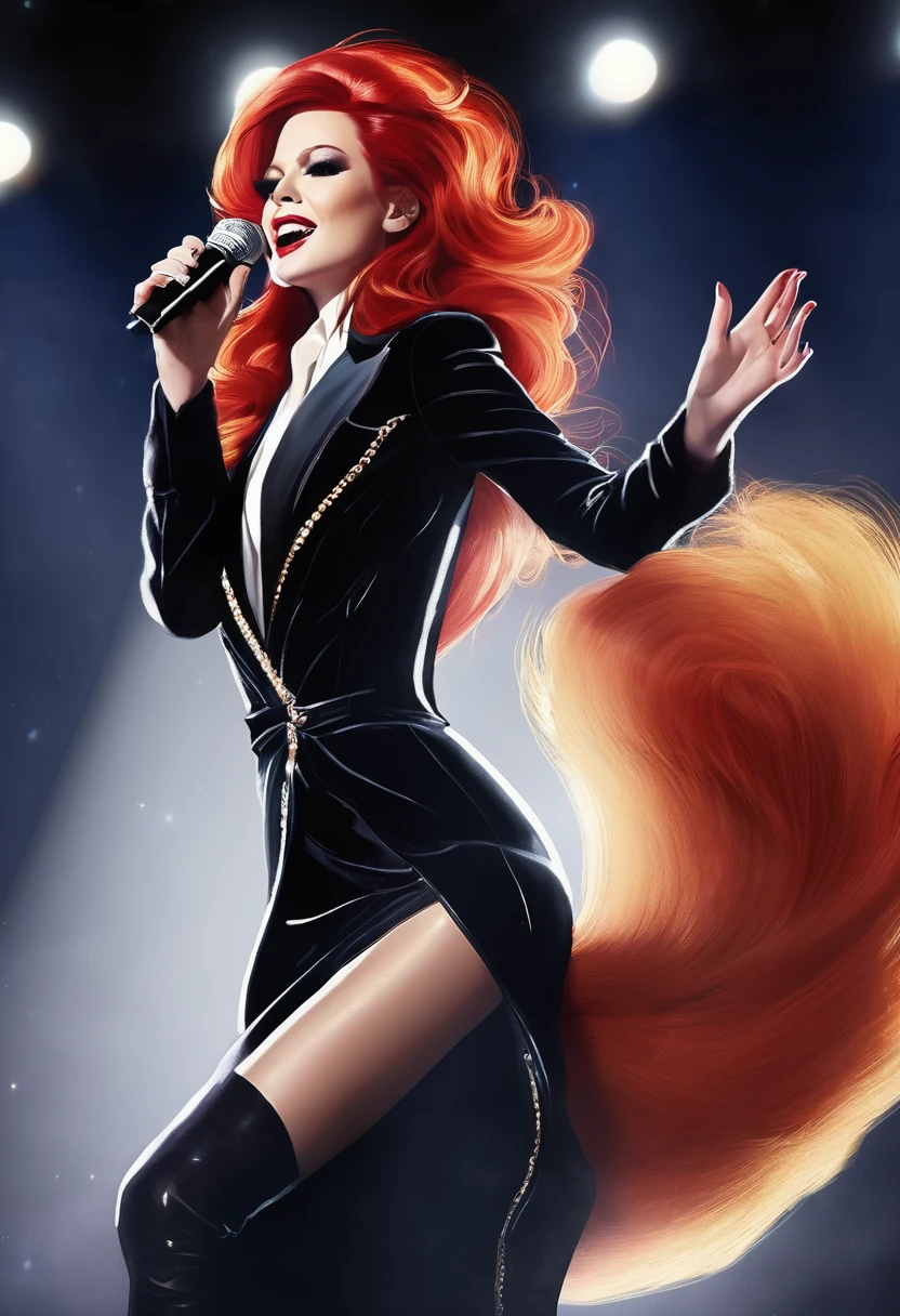 a pop diva fox in a black velvet coat on a stage singing with her beautiful red hair 