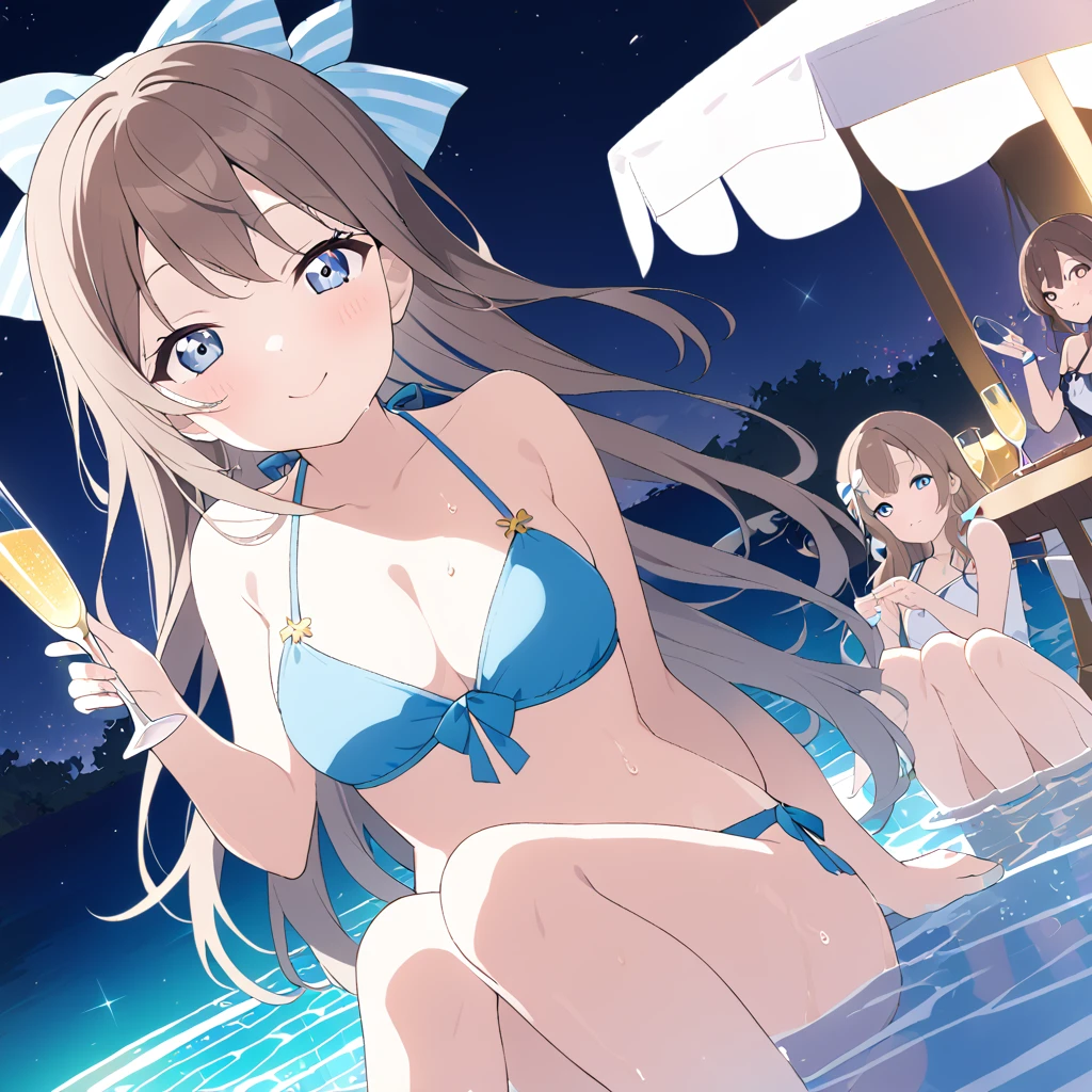 １peopleの女の子　Sakurazaka Shizuku　Brown Hair　Long Hair　Beach　Light blue eyes　Light blue bikini　Night view　Starry Sky　Big hair ribbon　smile　Soaking wet　Champagne glasses　(１people)