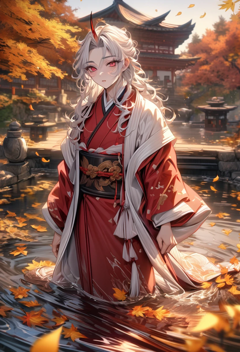 ultra detaild, high resolution, absurderes, hdr, work of art, Oni mysterious white tousled white hair with burgundy tips, expressive dark red eyes, Kimetsu no Yaiba, water, Thu, petals, Orange and yellow leaves, sexy man, standing alone, bonitas, red noble kimono, best qualityer,