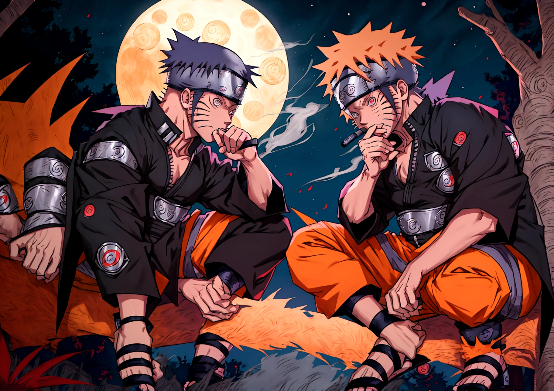 (((naruto character with akatsuki outfit))) smoking weed outside at night, on a full moon night. cena ultra wide 4k 90s