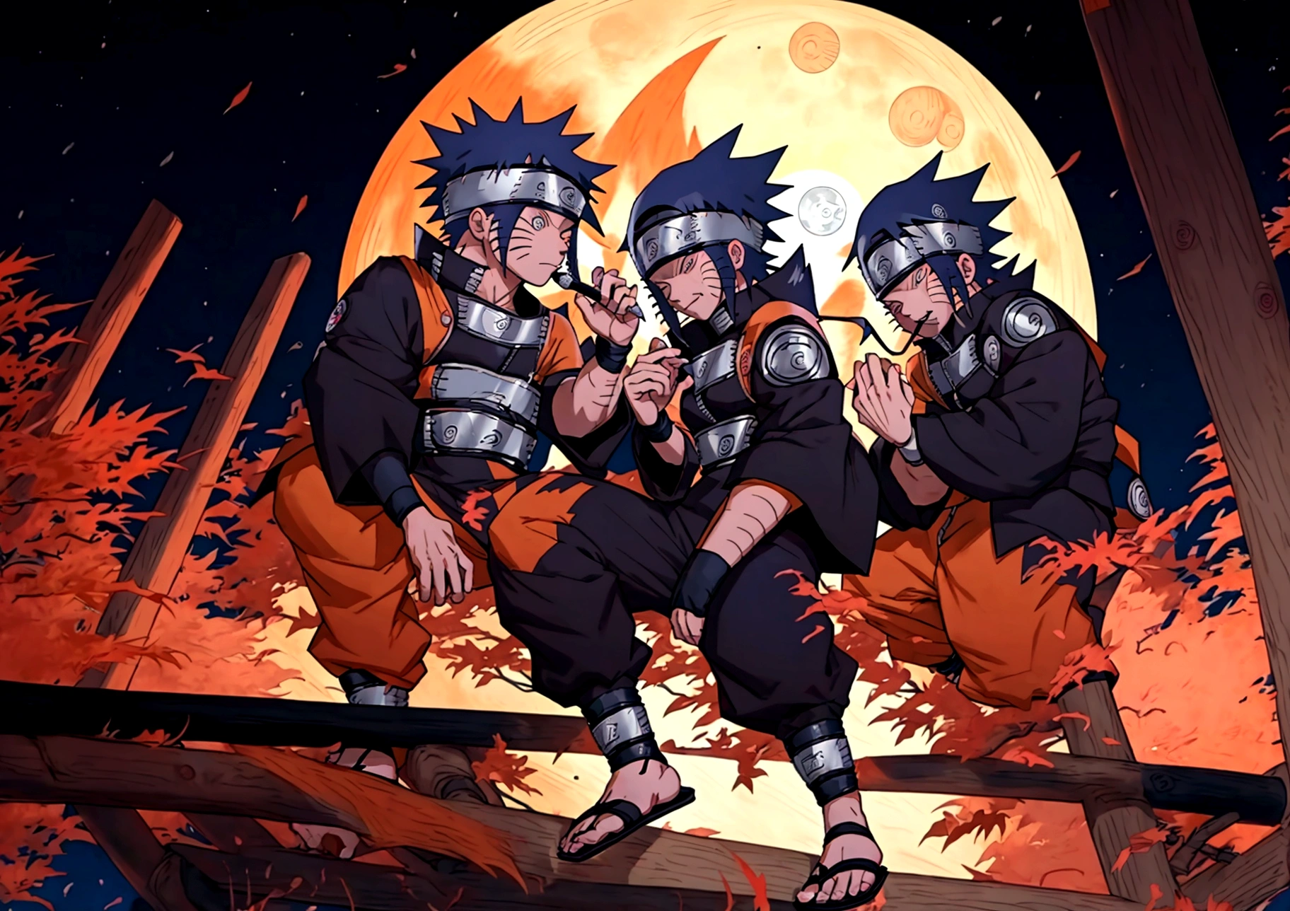 (((naruto character with akatsuki outfit))) smoking weed outside at night, on a full moon night. cena ultra wide 4k 90s