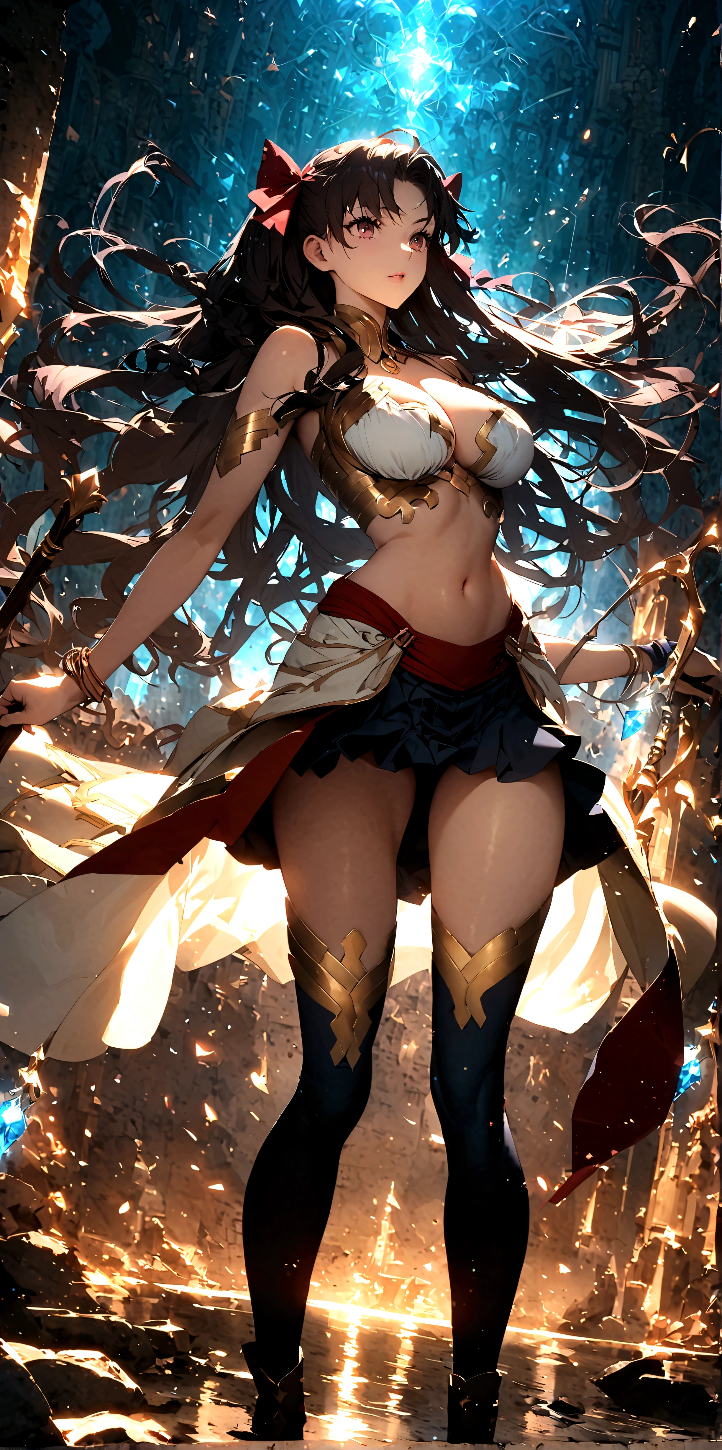 score_9、score_8_up、score_7_up、One girl、solo、Large Breasts、Thighs、Narrow waist、Mature Woman、、Braid、gem、Bracelet、、、skirt、Shooter、Curved Bow、arrow、Have a weapon、Ishtar with a bow/(Fate Grand Order/)
