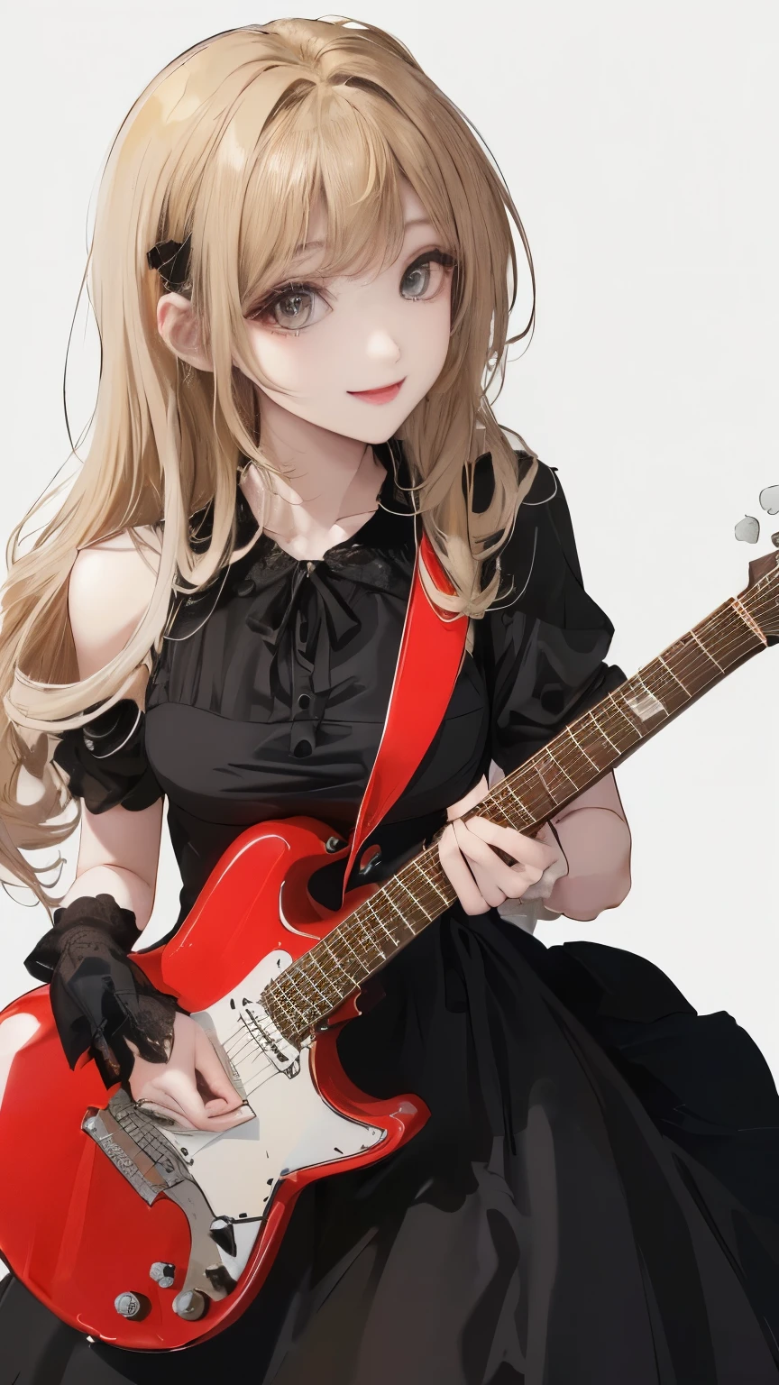 (((White wall background)))、(((Best image quality、8K、Beautiful woman、White wall background)))、guitarist、play the guitar、(((Woman with long hair、blonde、Girly Hairstyles)))、(((smile)))、(((Black Dress、Gothic style dress)))、(((Pure white background)))