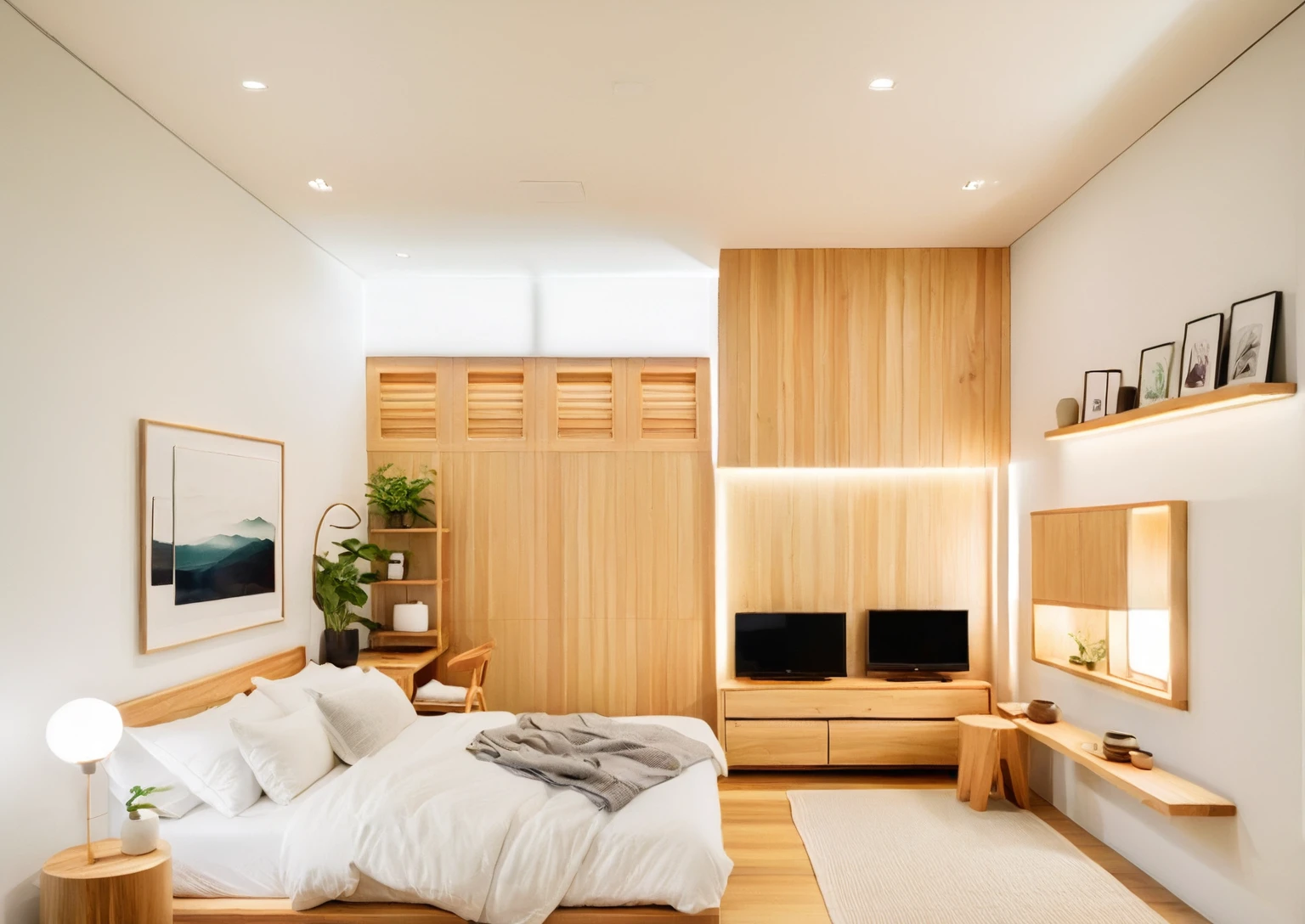 A serene Muji-style bed room bathed in warm light from recessed downlights. Crisp white walls and natural wood accents create a tranquil ambiance. A flat-screen TV hangs above a minimalist shelf. A low-profile bed with [mention the specific colors of the bed linens] rests near a geometric wall decor. Natural light filters through a window with wooden blinds. Wooden armchairs with white cushions invite relaxation near a warm floor lamp. A potted plant and framed artwork add personal touches. ((8k)), high quality detail, minimalist design, neutral color palette, natural materials, clean lines, serene and functional, modern Japanese aesthetic, low-profile bed, geometric wall decor, floating shelf, wall-mounted TV, recessed ceiling, LED strip lighting, wooden blinds, wooden furniture, potted plant, framed artwork.