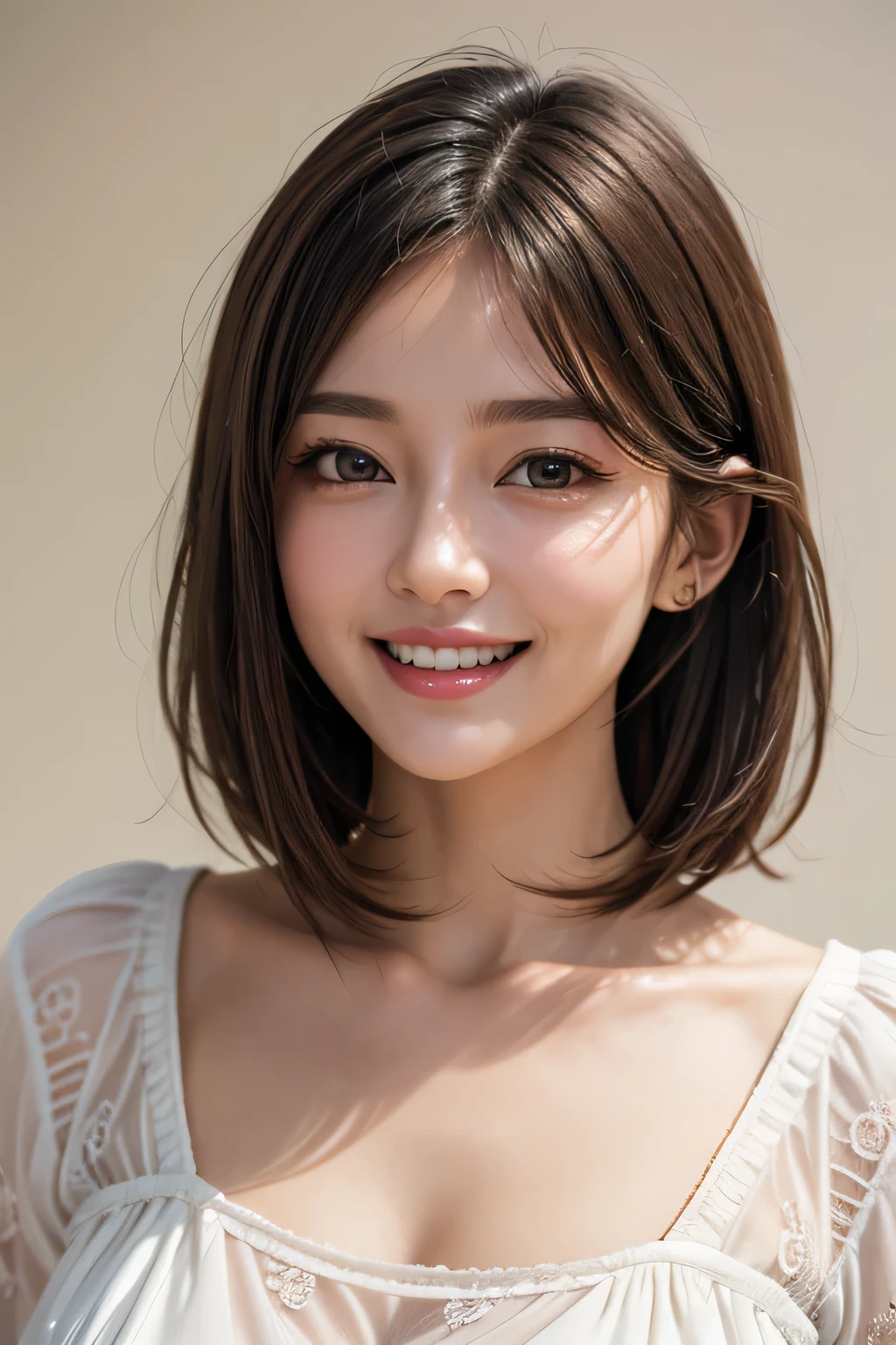 ((masterpiece)), ((Highest quality)), ((Complex)), ((Surreal)), (Realistic), (Mature Woman), ((No classes)), Very detailed, (1 female), Beautiful and exquisite, (Beautiful Teeth), Grin, Brunette Bob Hair, Brown eyes, ((blouse)), (Upper Body), (background:none), Perfect Eyes, Captivating eyes, Looking at the audience