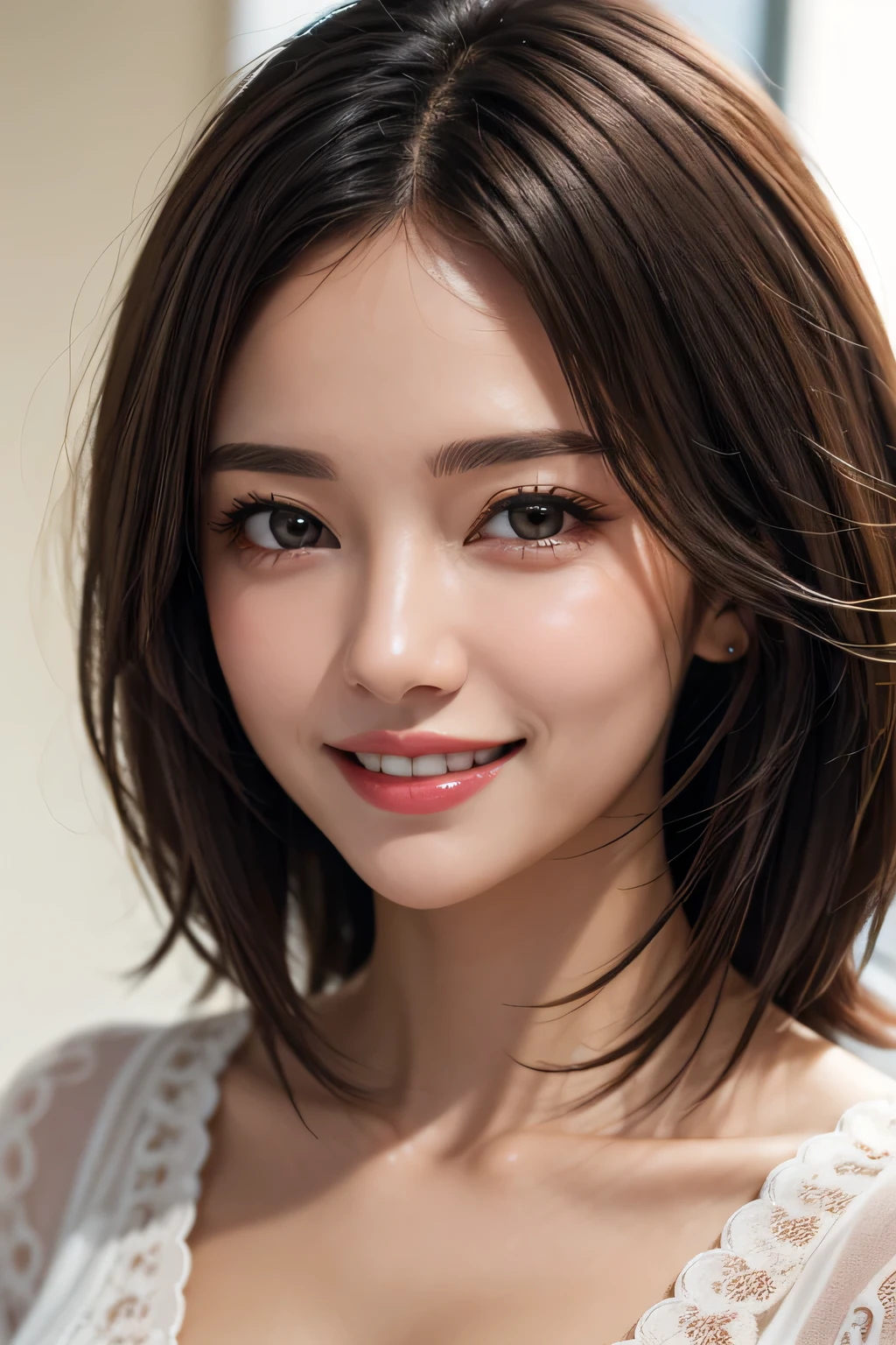 (8k, RAW Photos, highest quality, masterpiece, Realistic, Realistic), (1 female), (Ultimate beauty), Highly detailed face, (Perfect Teeth), Beautiful Eyes, double eyelid, eyelash, smile, Lip details, (Neat brunette bob), The light shines on your face, Big Breasts, ((Colorful mini dresses)), (front view), (background: none), Background blur
