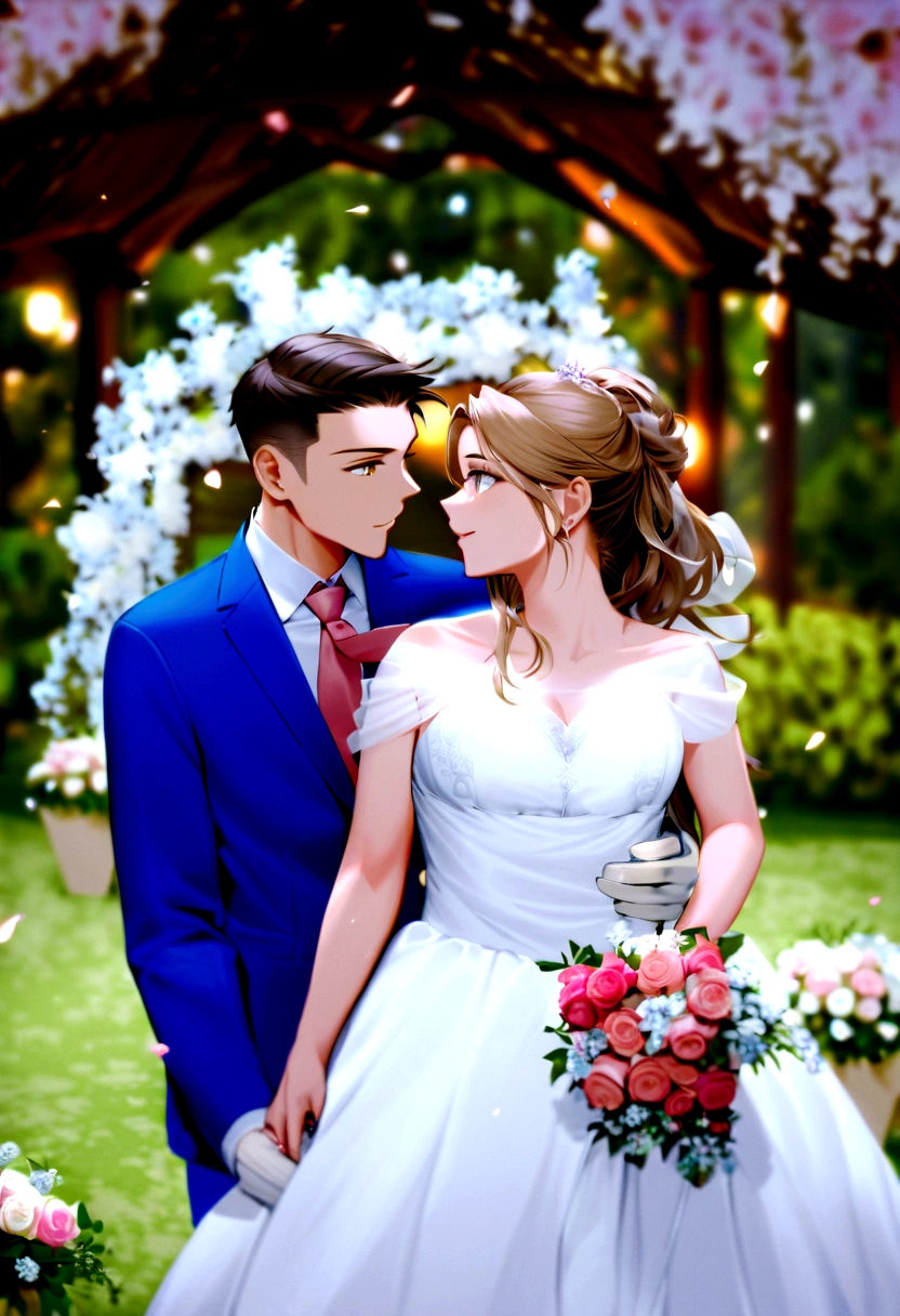 work of art, 1 girl, 1 young boy, don, two people, marriage don, necktie, Couple, ssmile, strapless don, eyes locked, Brown eyes, pants, strapless, veil, flowers, long hair, containment, jewerly, mitts, chemise, necklase, bouquet, white pants, containment bouquet, white don, blue colored eyes, white chemise, open jacket, containment hands, elbow mitts, white mitts, white jacket, pink necktie, bridal veil, White background, marriage, husband and wife, long sleeves, long don, pink flowers, shorth hair, standing, capa do romance