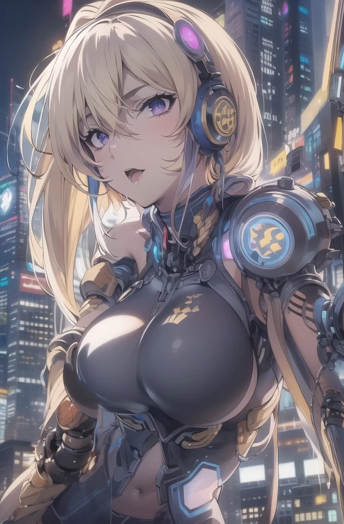 Girl posing in front of a city., cyberpunk oppai, anime rudo 8k, biomechanical OPPAI, best anime wallpaper 4k konachan, oppai, seductive anime girl, android heroine, naughty anime girl, female action anime girl, warhammer 40k, female cyberpunk anime girl, blonde hair, violet eyes