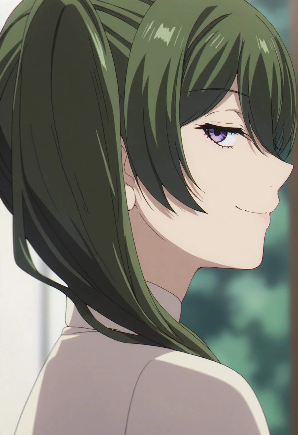 1girl, ubel, solo, green hair, side ponytail, purple eyes, half-closed eyes, BREAK
close-up, closed mouth, looking at viewer, smile, from behind, looking back, BREAK
green background, depth of field, blurry background, BREAK
score_9, score_8_up, score_7_up, score_6_up, anime,
(high quality, detailed, beautiful), shiny, detailed beautiful eyes, outstanding, countershading, detailed soft lighting