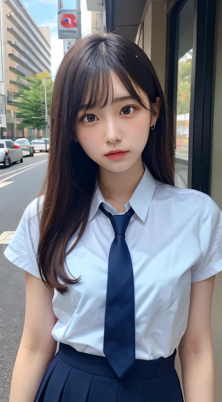 Japanese Girls, Teenage Girl, Perfect figure, Transparency, Modest chest, , Navy blue tie, Navy Blue Skirt, Light blue shirt, Idol Sculpture
