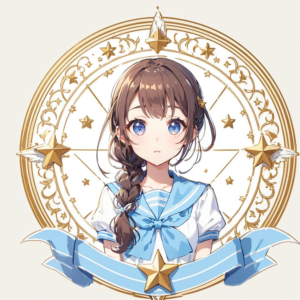 Circular emblem{star、ribbon、unicorn、candy、rainbow}、A girl with a single braided hairstyle{Glasses、Brown Hair、Brown eyes、droopy eyes、light blue sailor suit、large breasts}