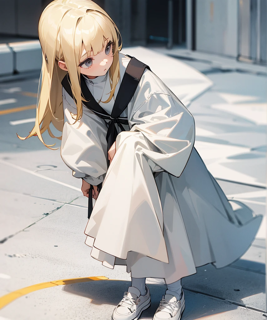 a girl with blonde hair and gray eyes, she is wearing stmmetrical white clothings and white shoes