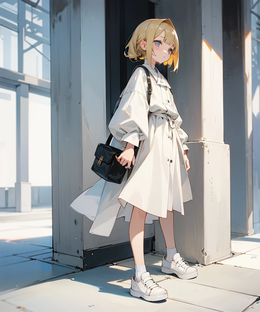 a girl with blonde hair and gray eyes, she is wearing stmmetrical white clothings and white shoes