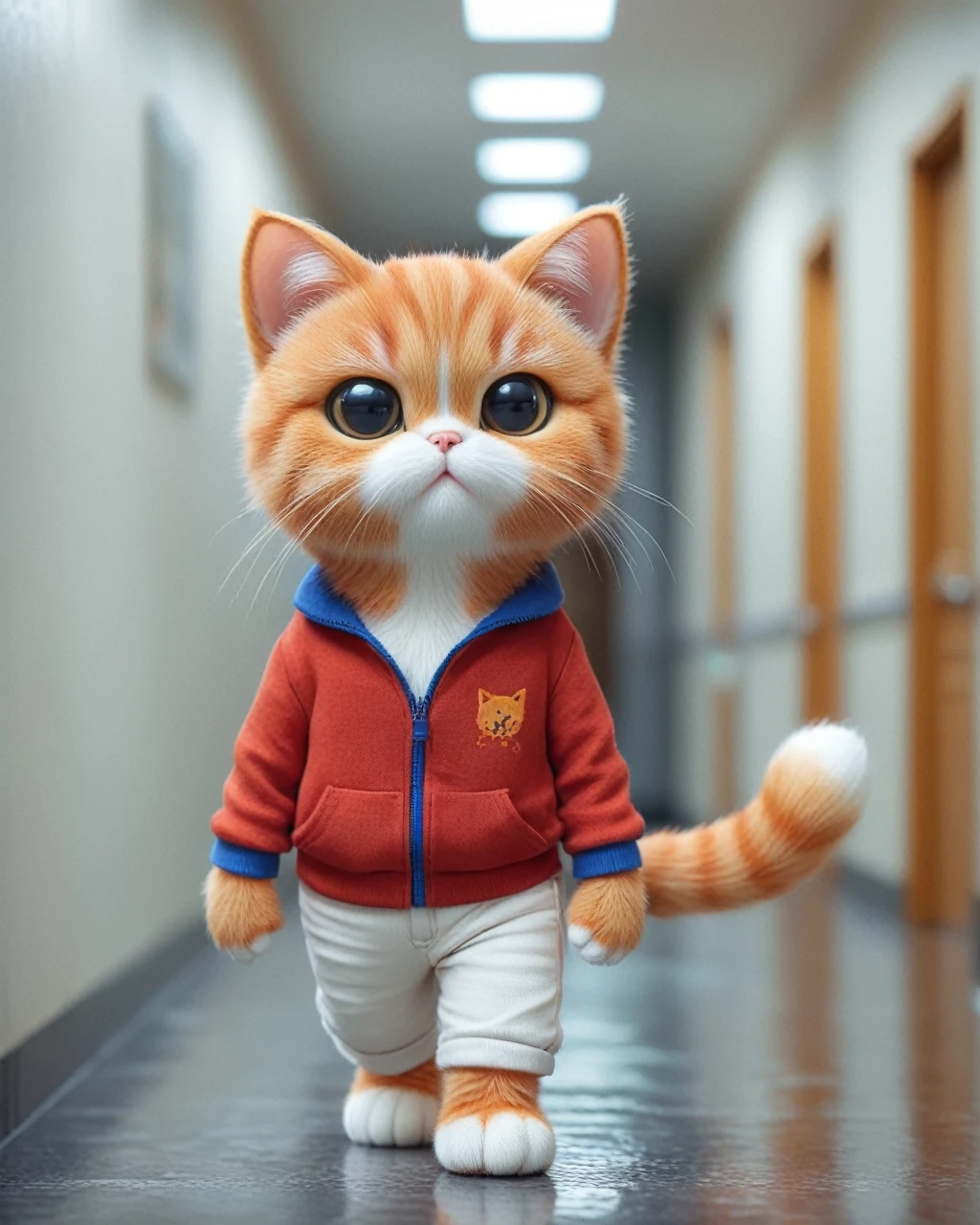 In your AI art, draw a small orange cat character walking down a hallway. This cat is wearing a red shirt and white pants. In the background, you can see a school hallway with blue and orange colors. The cat looks sad and a little tearful. Also add the expression of a little water spilling around the cat.