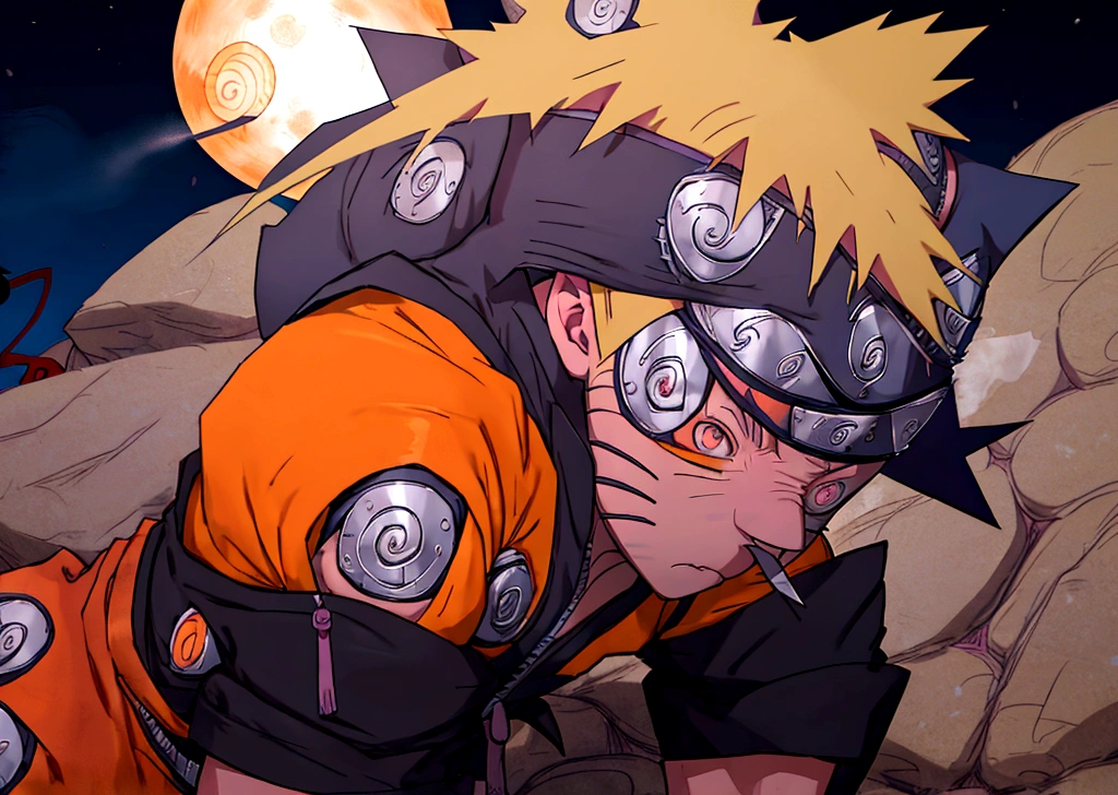 (((naruto character with akatsuki outfit))) smoking weed outside at night, on a full moon night. cena ultra wide 4k 90s