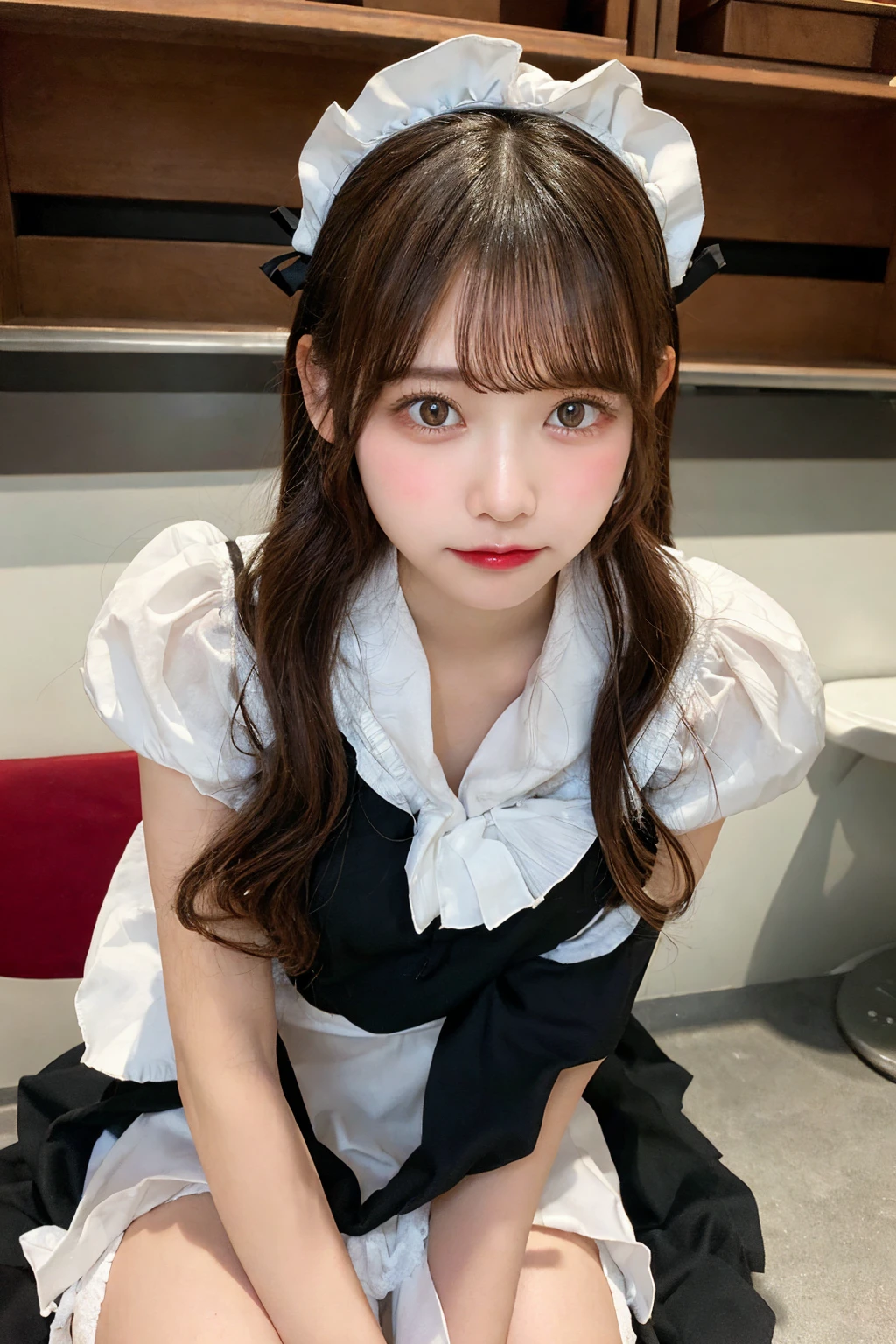 nsfw,one woman,white panties,skirt,black maid uniform,lift up skirt,cute face,embarrassed,flushed cheeks,from below,peer in from below,high quality,photorealistic