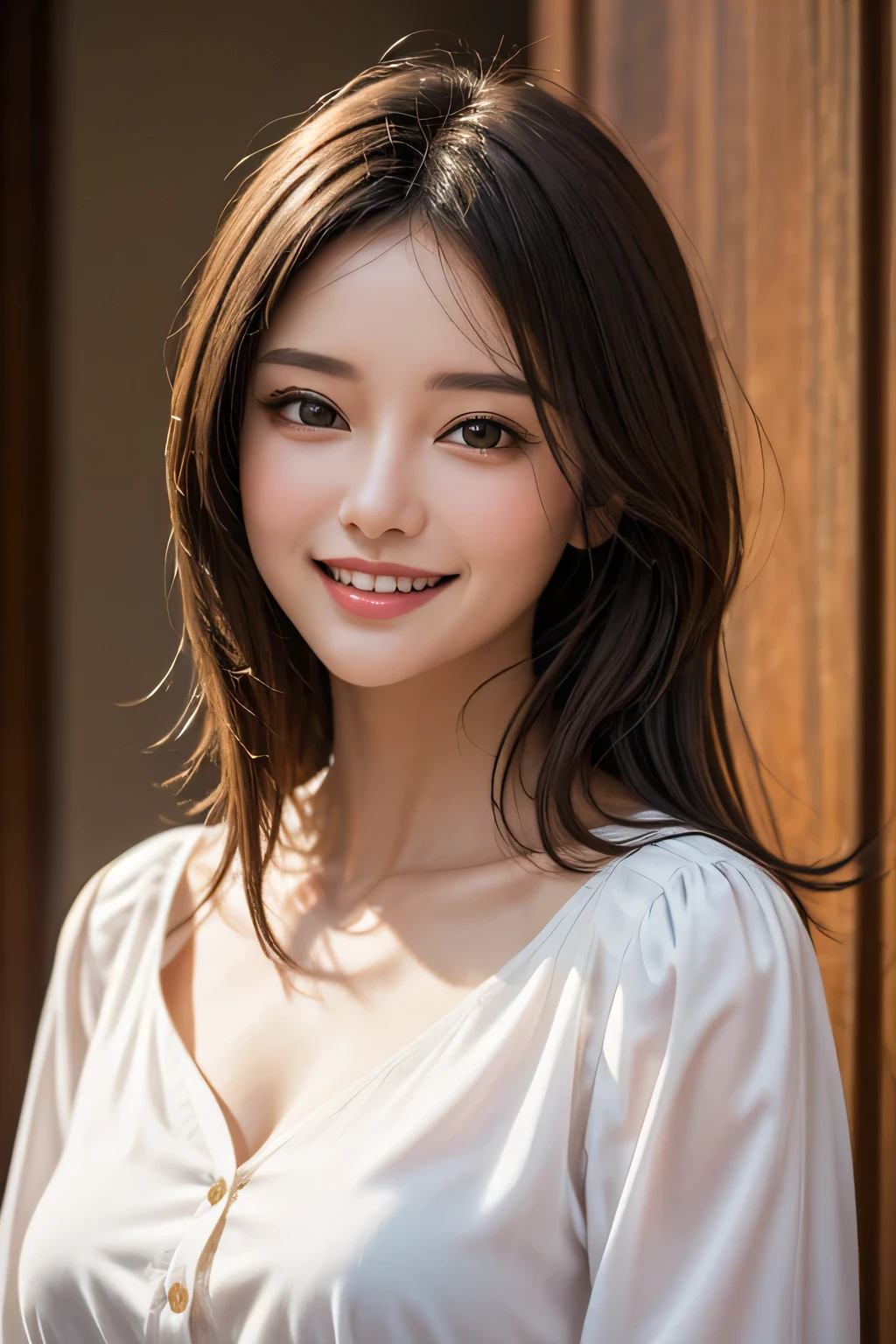 ((masterpiece)), ((Highest quality)), ((Complex)), ((Surreal)), (Realistic), (Mature Woman), ((No classes)), Very detailed, (1 female), Beautiful and exquisite, (Beautiful Teeth), Grin, Brunette Bob Hair, Brown eyes, ((blouse)), (Upper Body), (background:none), Perfect Eyes, Captivating eyes, Looking at the audience