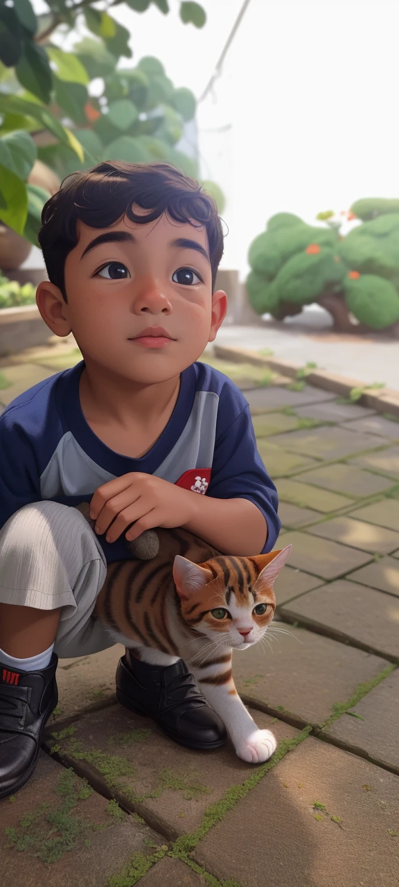 Retrato realista de um de sete anos, usa uma camisa vermelha . Your face is and exploratory . Ele sai cautelosamente para o jardim da casa, A small cat is among the bushes and he touches it cautiously ,Not facing the camera,, Hair is messy ,