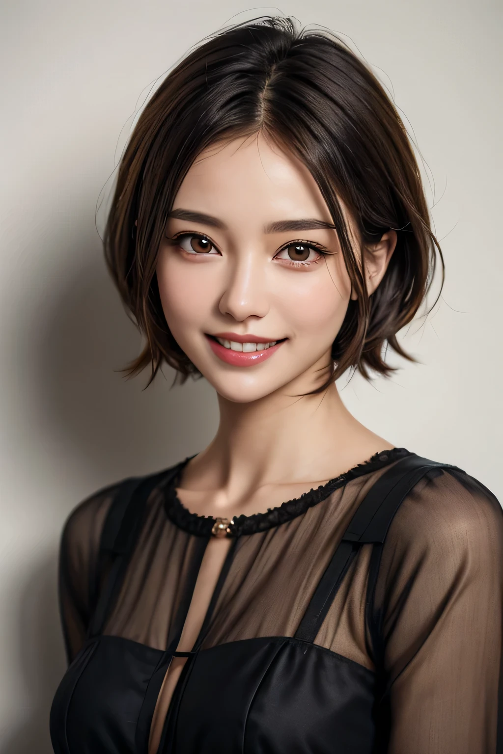 ((masterpiece)), ((Highest quality)), ((Complex)), ((Surreal)), (Realistic), (Mature Woman), ((No classes)), Very detailed, (1 female), Beautiful and exquisite, (Beautiful Teeth), Grin, Brunette Bob Hair, Brown eyes, ((blouse)), (Upper Body), (background:none), Perfect Eyes, Captivating eyes, Looking at the audience