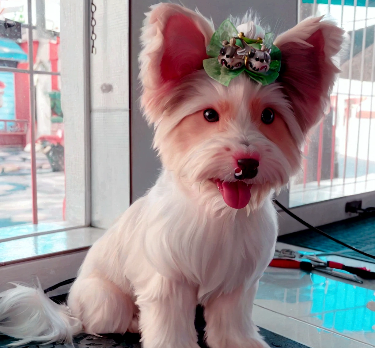there is a little white dog with a green flower on its head, very cute features, beautiful dog head, Cute dog, Yorkshire Terrier, kawaii Cute dog, Rufous glass, cutecore, dog wearing a crown, sha xi, cute features, small dog, havanese dog, little white dog by your side, paws on head