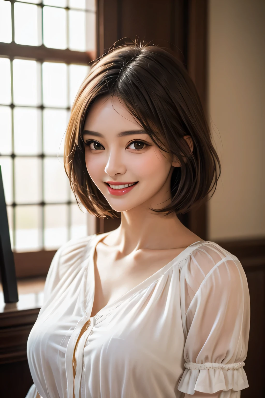 ((masterpiece)), ((Highest quality)), ((Complex)), ((Surreal)), (Realistic), (Mature Woman), ((No classes)), Very detailed, (1 female), Beautiful and exquisite, (Beautiful Teeth), Grin, Brunette Bob Hair, Brown eyes, ((blouse)), (Upper Body), (background:none), Perfect Eyes, Captivating eyes, Looking at the audience