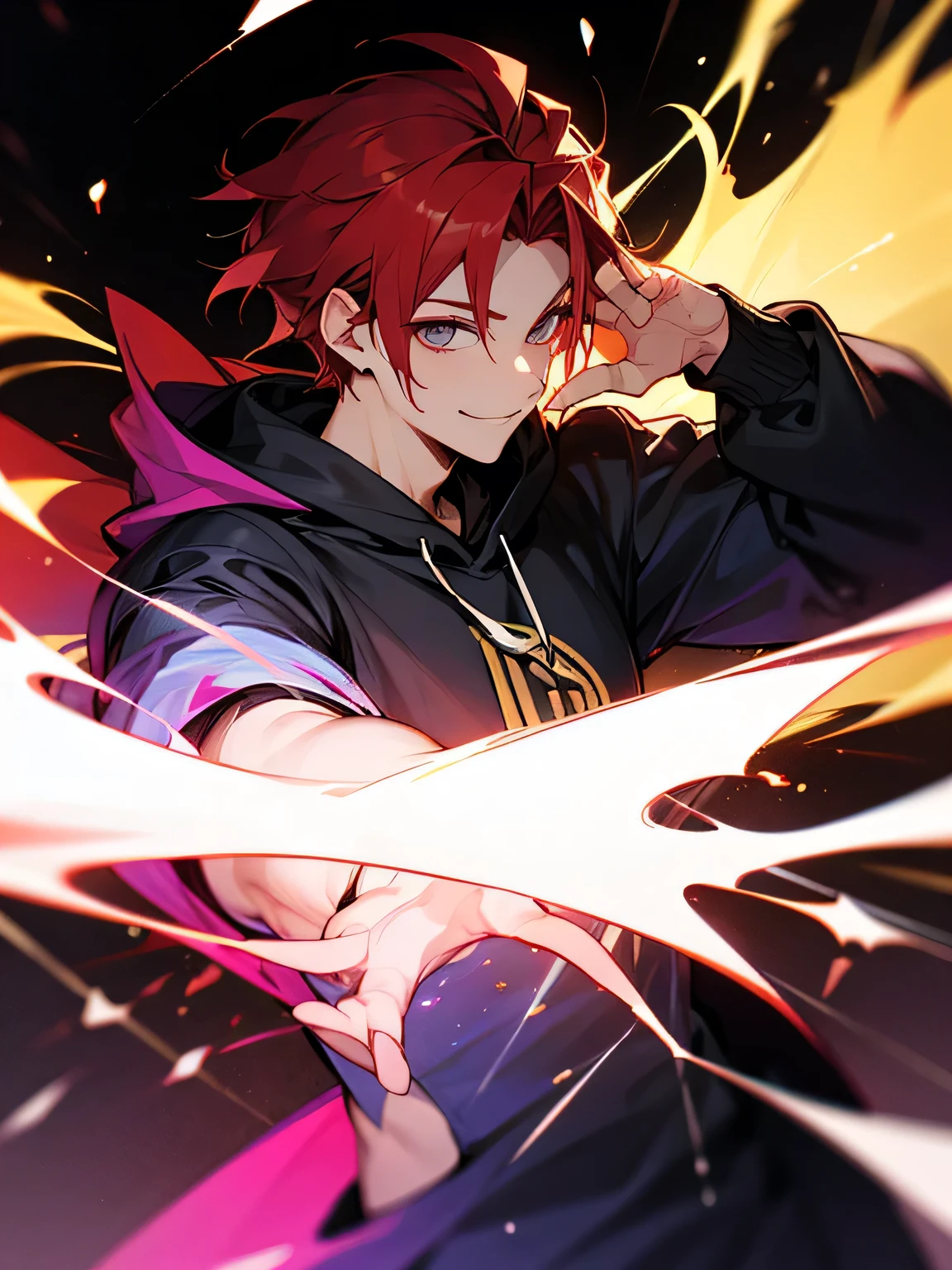Anime guy,shirtless,big chest,pink short hair,handsome,battlefield background