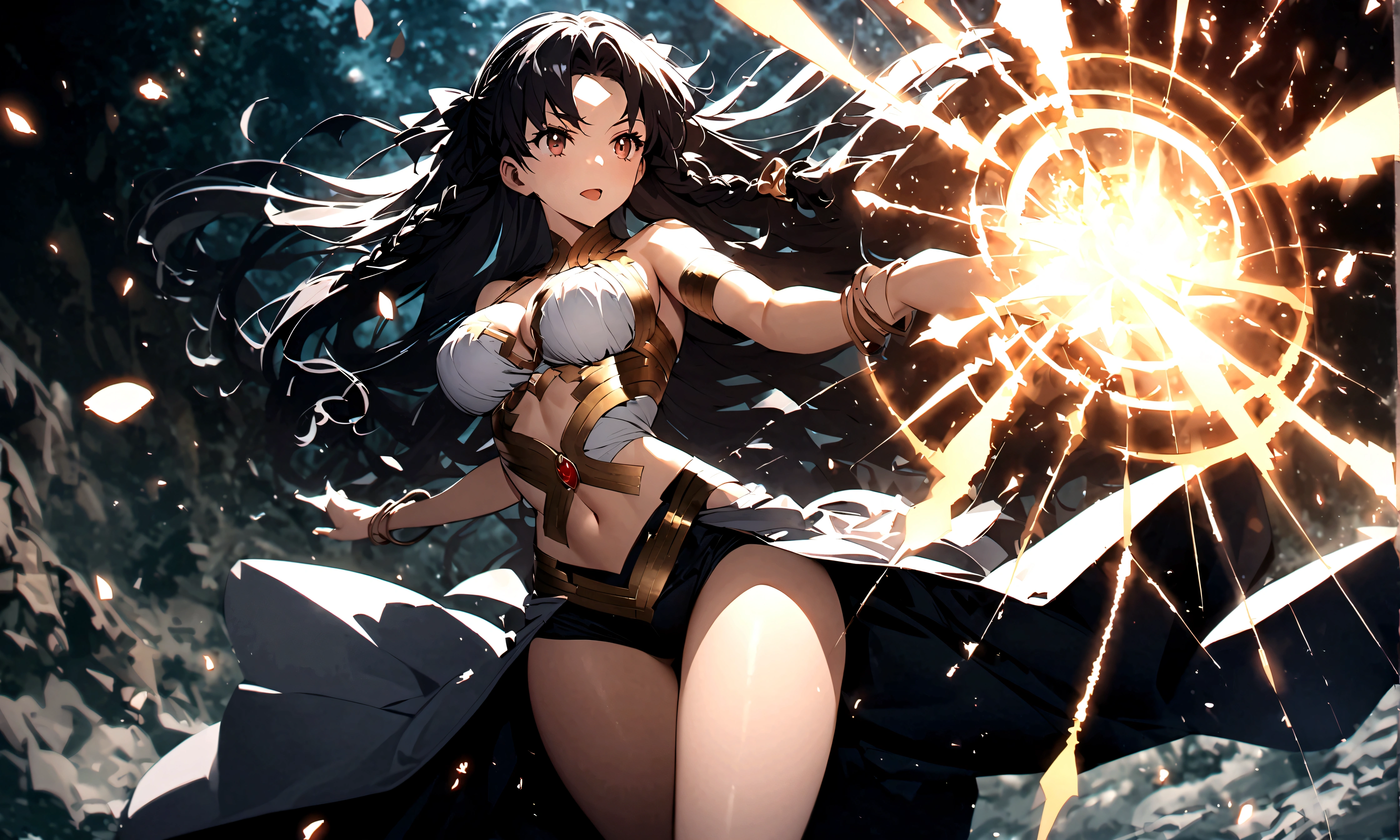 score_9、score_8_up、score_7_up、One girl、solo、Large Breasts、Thighs、Narrow waist、Mature Woman、、Braid、gem、Bracelet、、、skirt、Shooter、Curved Bow、arrow、Have a weapon、Ishtar with a bow/(Fate Grand Order/)