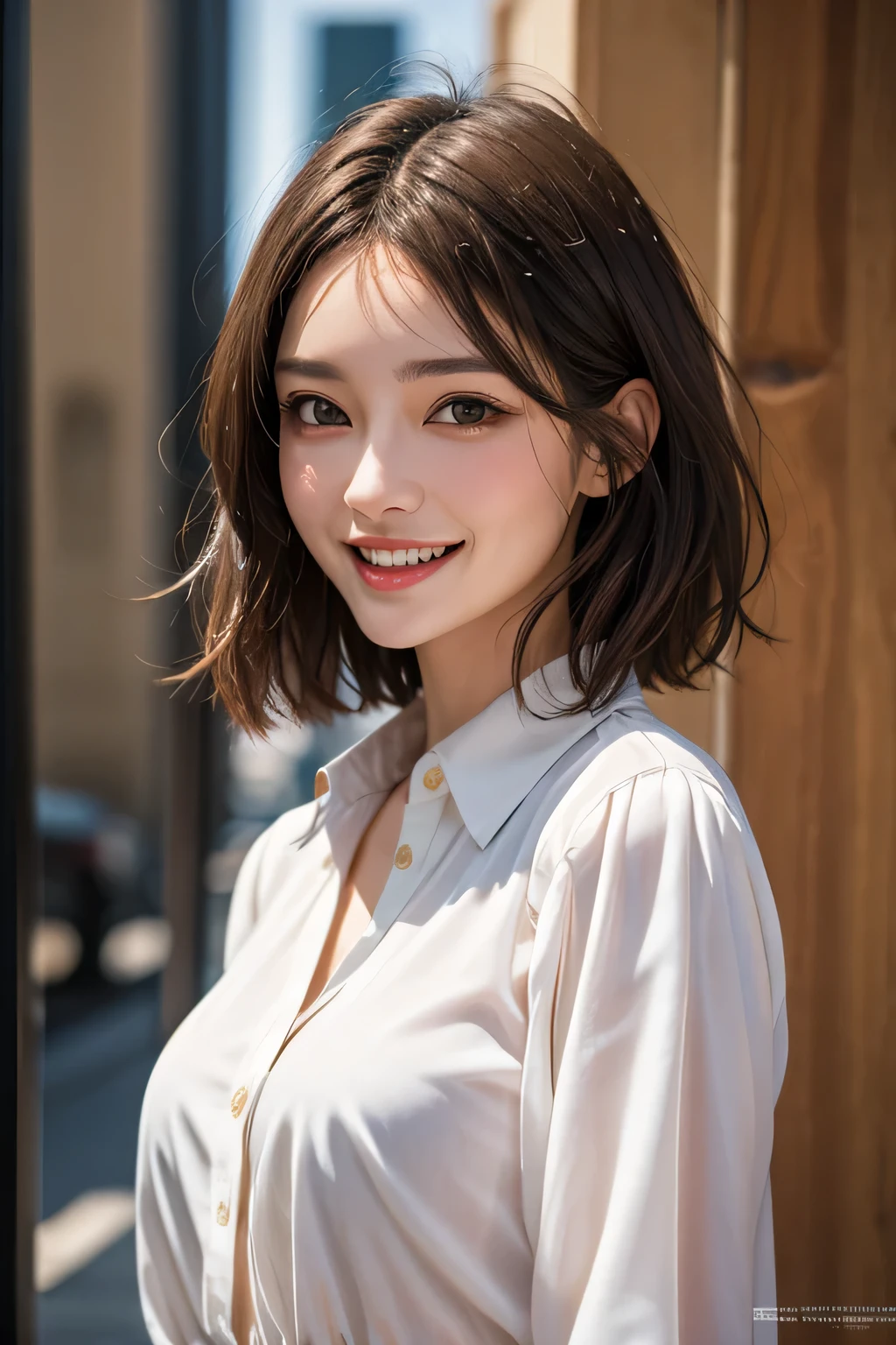 ((masterpiece)), ((Highest quality)), ((Complex)), ((Surreal)), (Realistic), (Mature Woman), ((No classes)), Very detailed, (1 female), Beautiful and exquisite, (Beautiful Teeth), Grin, Brunette Bob Hair, Brown eyes, ((blouse)), (Upper Body), (background:none), Perfect Eyes, Captivating eyes, Looking at the audience