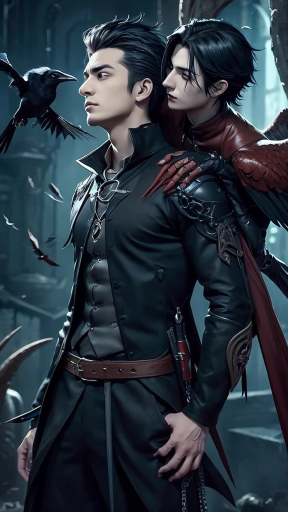 arafed male with a crow on his shoulder and a bird on his shoulder, by Yang J, handsome male vampire, skinny male fantasy alchemist, male vampire, handsome japanese demon boy, beautiful male god of death, handsome guy in demon slayer art, dark fantasy mixed with realism, male vampire of clan banu haqim, with his long black hair