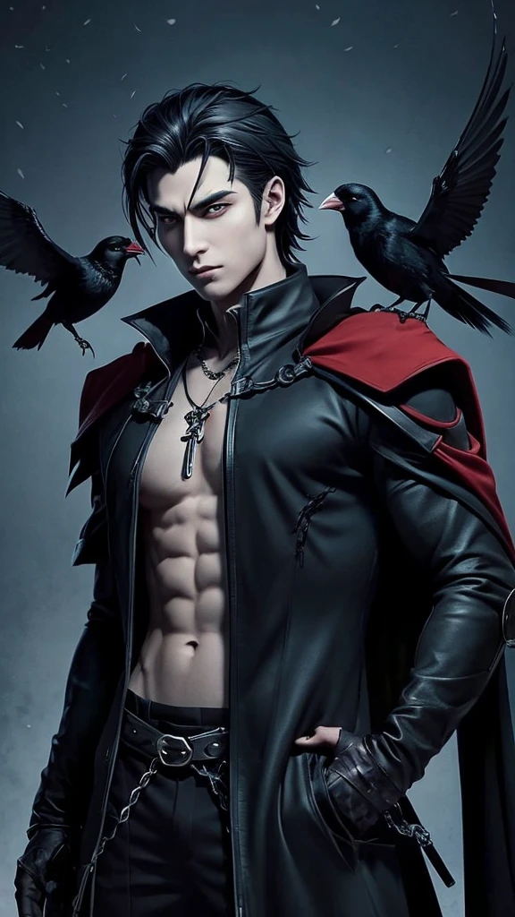 Boy with cat ears, 18 years old, red eyes, long black hair, with black fox tail, sadistic smile, vampire teeth, forest background, medieval clothes, shirtless
