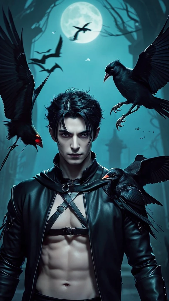 arafed male with a crow on his shoulder and a bird on his shoulder, by Yang J, handsome male vampire, skinny male fantasy alchemist, male vampire, handsome japanese demon boy, beautiful male god of death, handsome guy in demon slayer art, dark fantasy mixed with realism, male vampire of clan banu haqim, with his long black hair